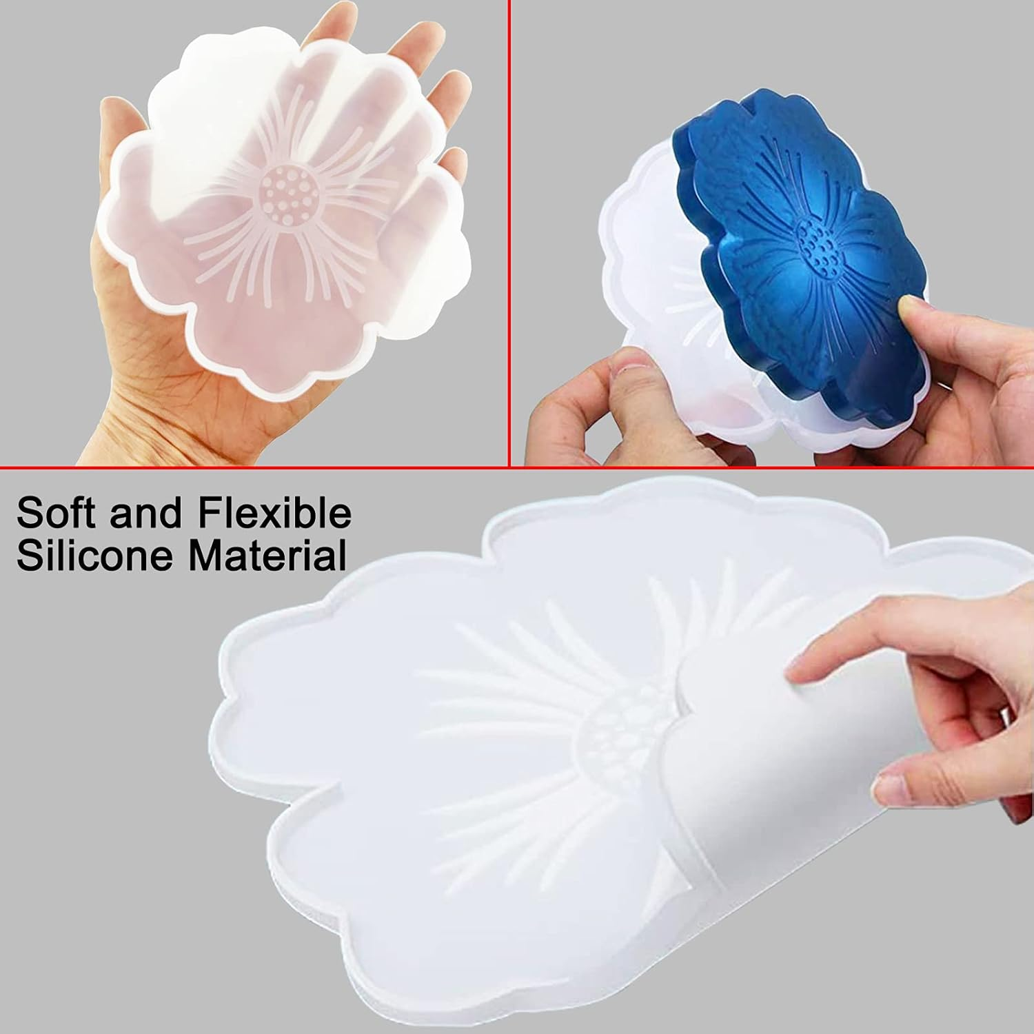 Flower Silicone Resin Moulds 6Pcs - 1Pc Large Resin Tray Moulds and 5Pcs Coaster Moulds 3D Design for DIY Epoxy Resin Casting Craft, Home Decoration image number 4