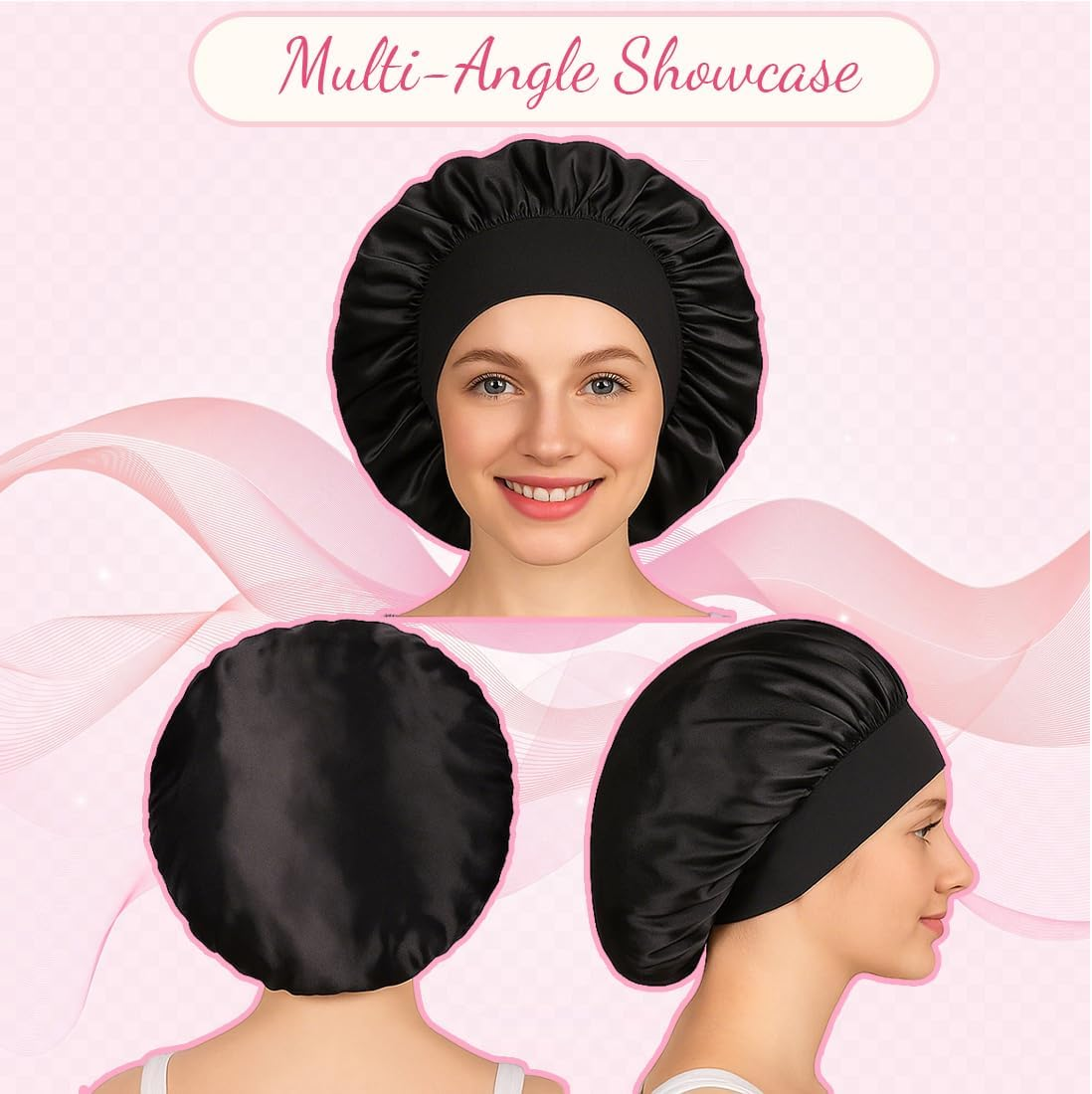 KIRZAX Pack of 2 Silk Bonnet for Sleeping, Silk Bonnet, Satin Hair Cap Bonnet for the Night, Soft Bonnet Sleep Cap, Hair Net for Women and Girls (Black + Pink) image number 5