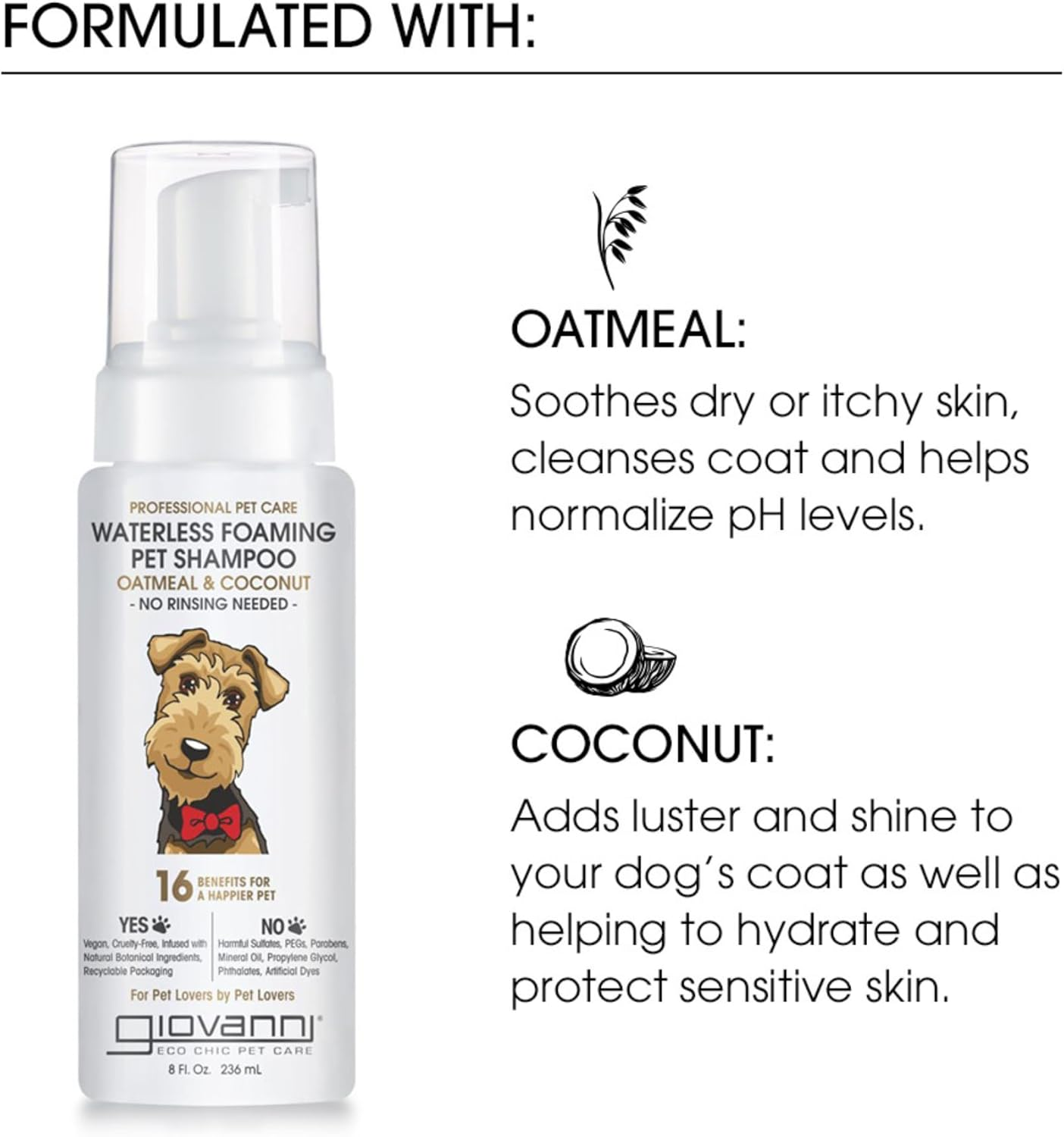 Giovanni Professional Pet Care Oatmeal & Coconut Waterless Foaming Shampoo 236 Ml
