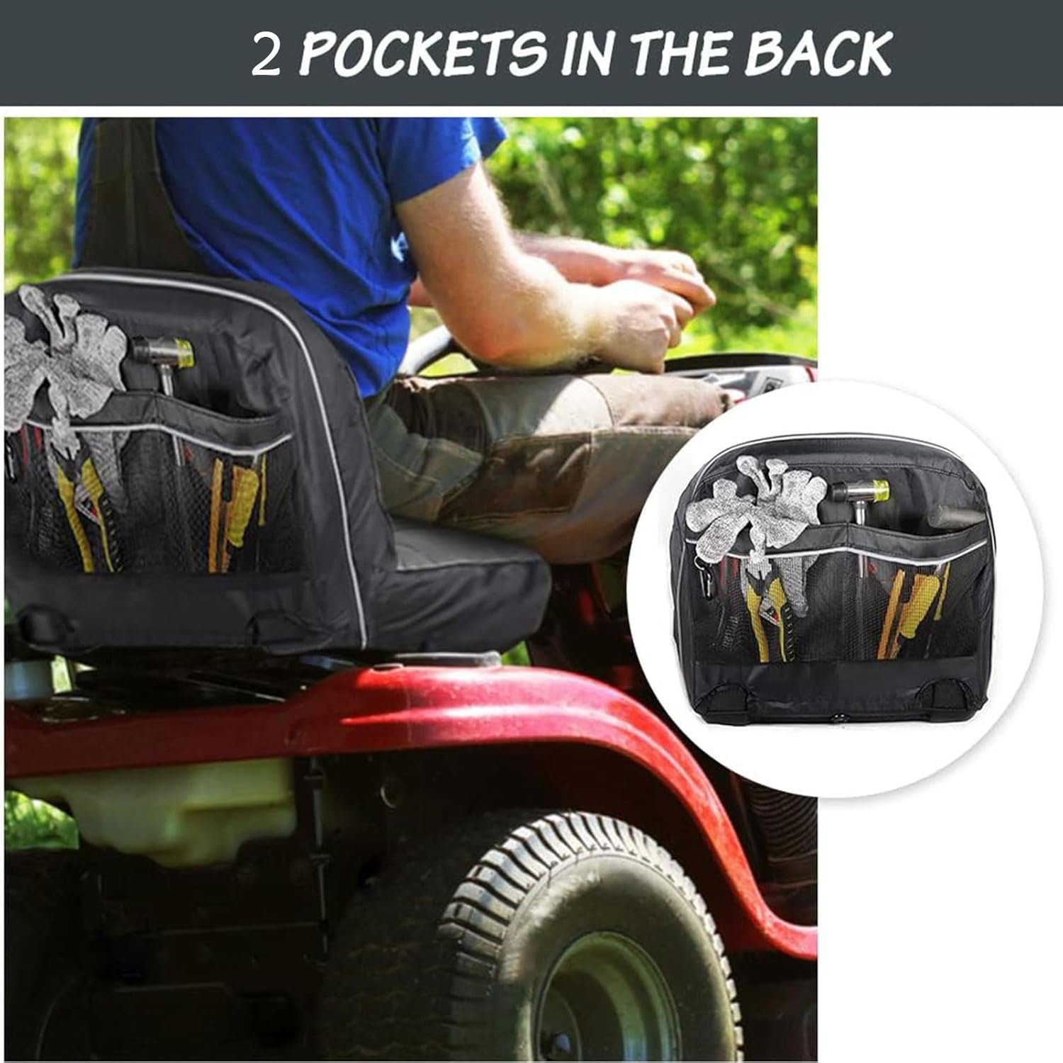 HOMEYA Riding Lawn Mower Seat Cover, Heavy Duty 600D Oxford Waterproof Tractor Seat Cover with Padding & Back Pockets, for 12.2-14.2 Inches High Seats, Fits Husqvarna Cub Cadet Seat without Armrests image number 2