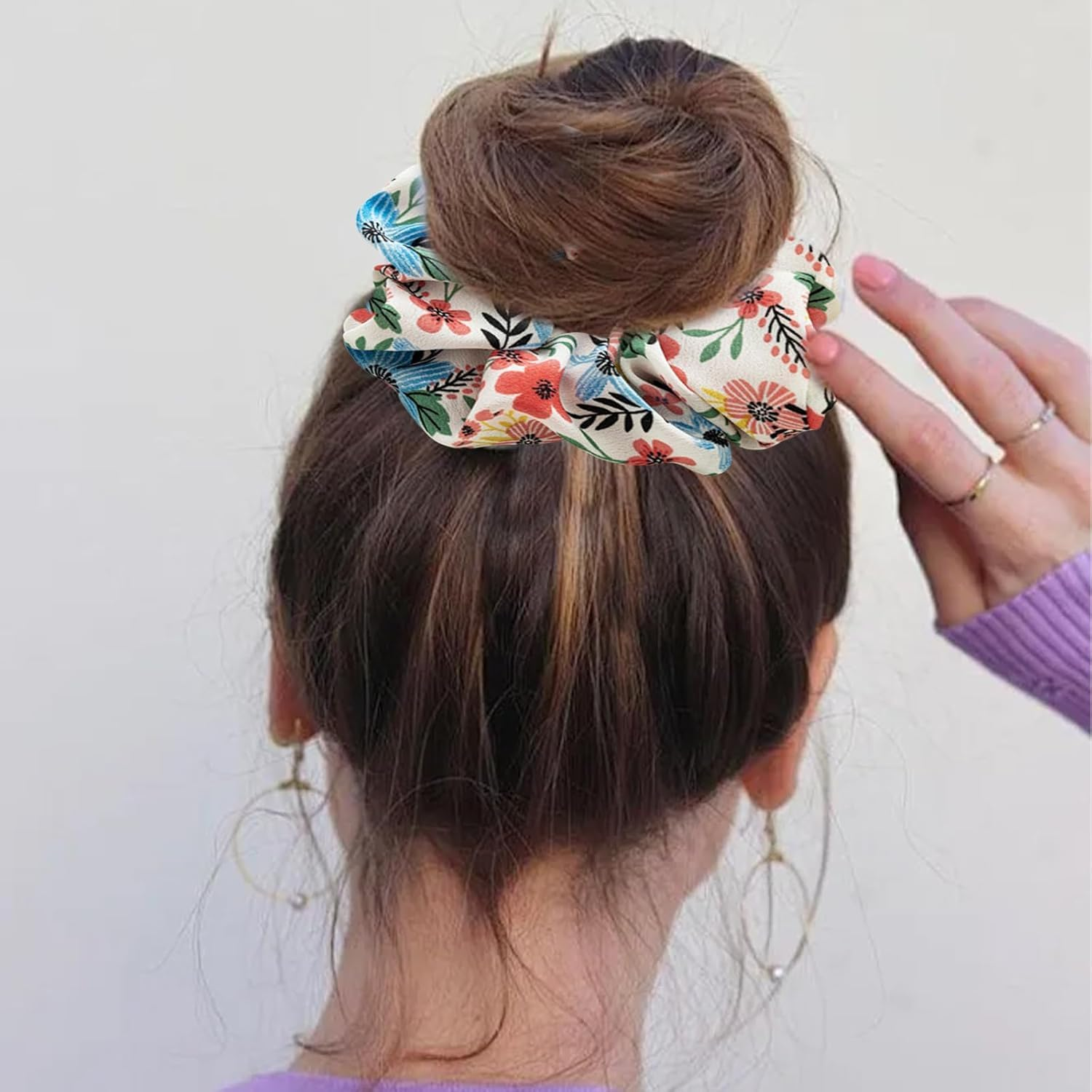 Flower Chiffon Hair Scrunchie,6Pcs Floral Plaid Solid Color Scrunchie,Spring Summer Floral Hair Scrunchies,Floral Chiffon Elastic Hair Tie Scrunchie,Floral Plaid Solid Hair Scrunchie for Girls Women image number 2