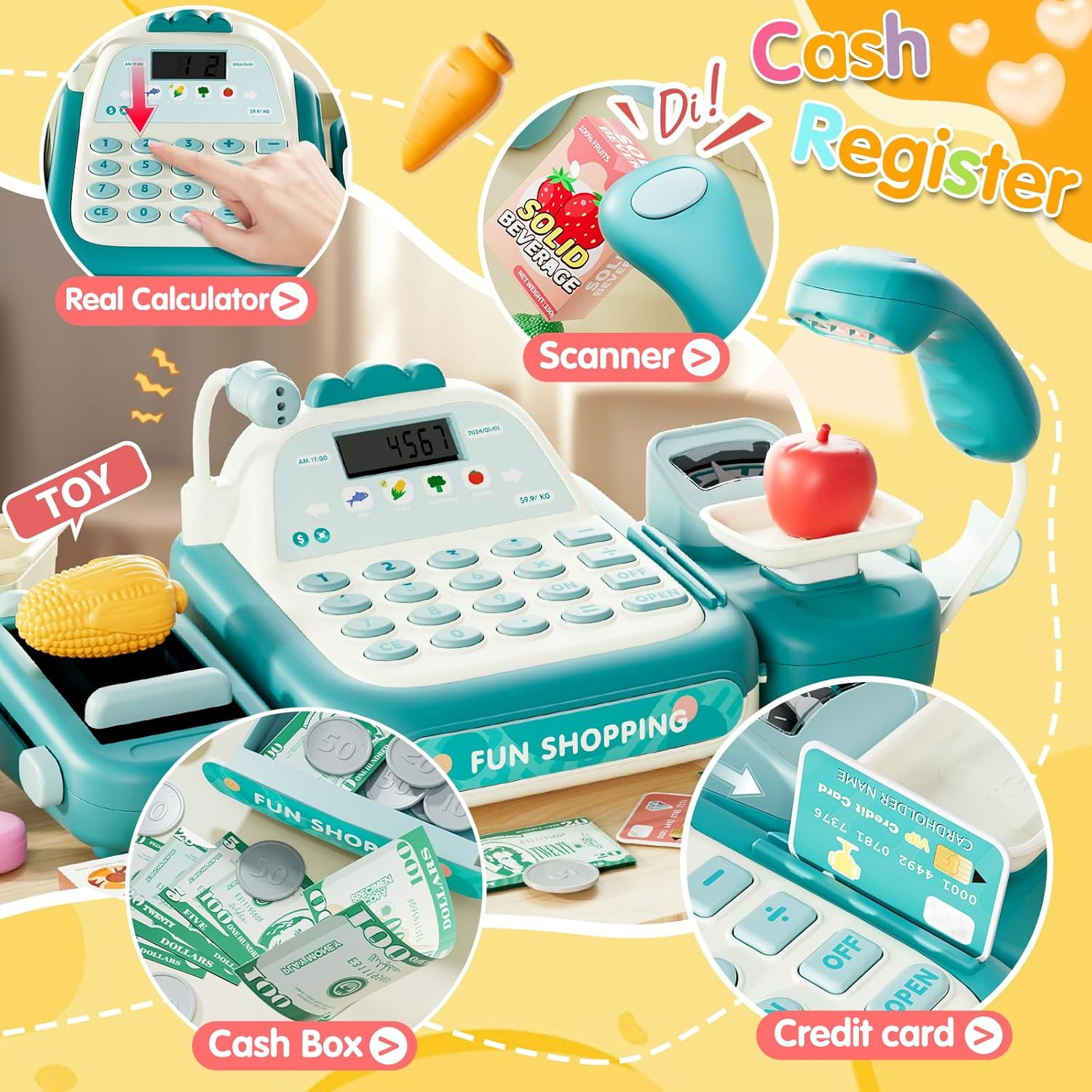 STACTCUTE 49PCS Pretend Play Cash Register Toy Set for Kids with Real Calculator,Scanner,Microphone,Conveyor Belt,Weighing Tool,Cashier Playset Realistic Gift for Toddler Kid Ages 3 4 5 6 7 8 (Green) image number 3