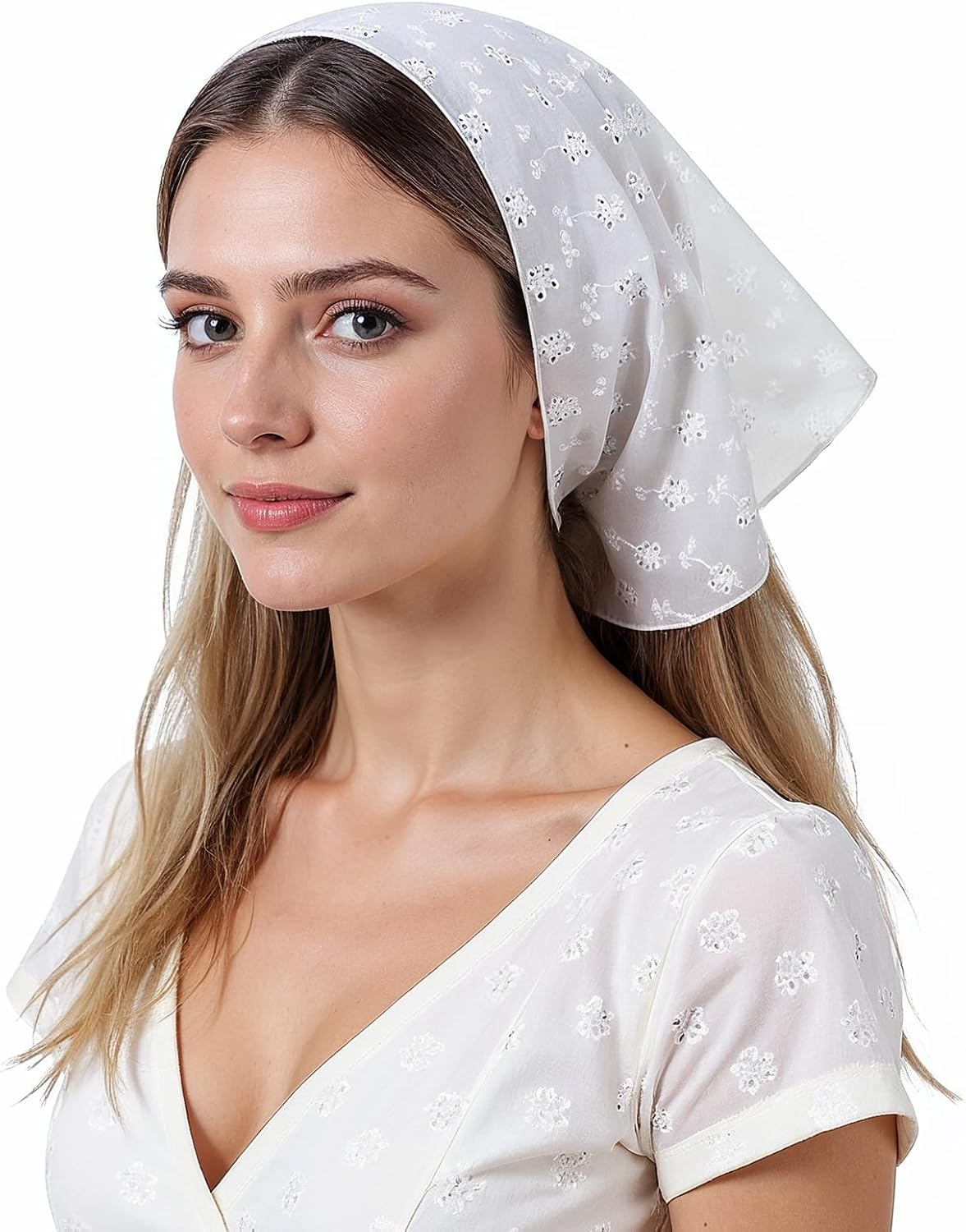 Bandana Headband - Lace Head Scarf, Head Scarf for Girls Cute Adjustable Bandanas, Boho Eyelet Crochet Bandana Headbands, Elegant White Heads Scarfs Hair Accessories for Women image number 2