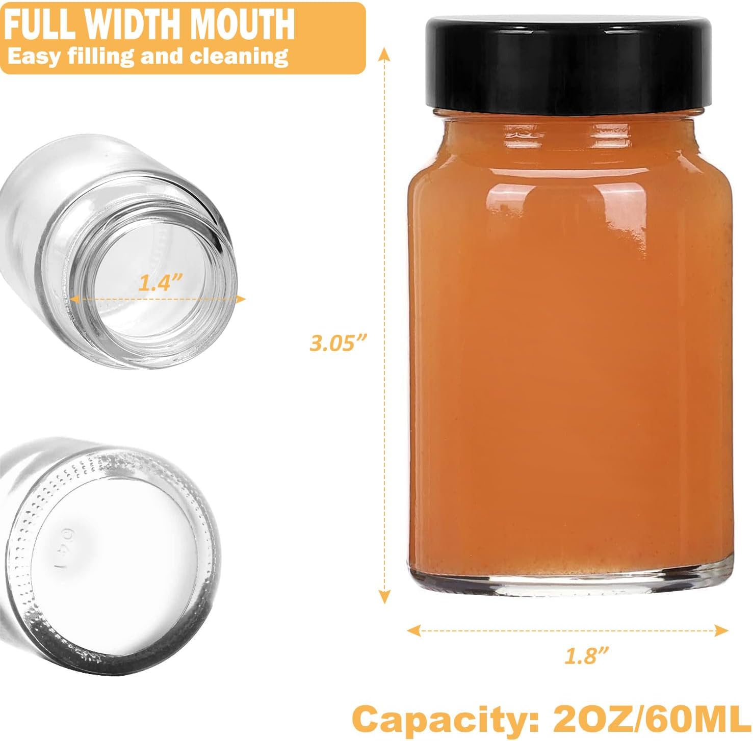 LANBEAUTIFY 2 Oz Small Clear Glass Bottles with Lids - 6Pcs Wide Mouth Shot Bottles with Caps for Ginger Shots, Juice, Potion, Liquids, Whiskey - Mini Travel Bottles with Funnels, Stickers - 6Pcs-Clear image number 4