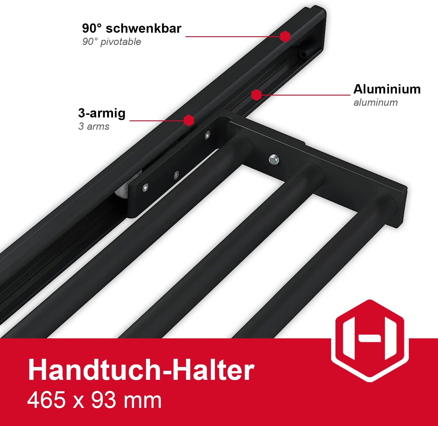 Gedotec H6008 Hand Towel Rail 3-Arm Extendible Tea Towel Holder Length 465 Mm in Black Bathroom and Kitchen Cupboard Towel Rail Swivelling 90&deg; Made in Germany image number 3