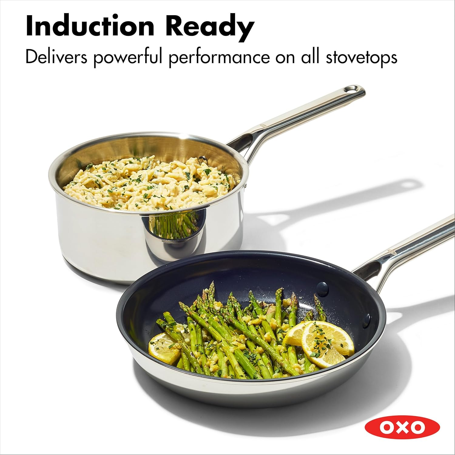 OXO Agility Stainless Steel 13 Piece Cookware Pots and Pans Set, Induction, Ceramic Nonstick PFAS -Free Coated Frypans, Ultra-Durable, Quick Even Heating, Chip-Free Rims, Dishwasher and Oven Safe image number 1