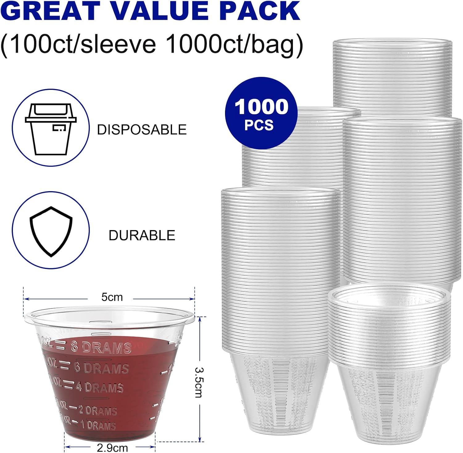 Disposable Medicine Cups Graduated, Bulk Pack of 1000, 1 Oz (30Ml) Small Plastic Measuring Cup for Liquid Medication, Paint, Epoxy, Pill and Resin image number 2