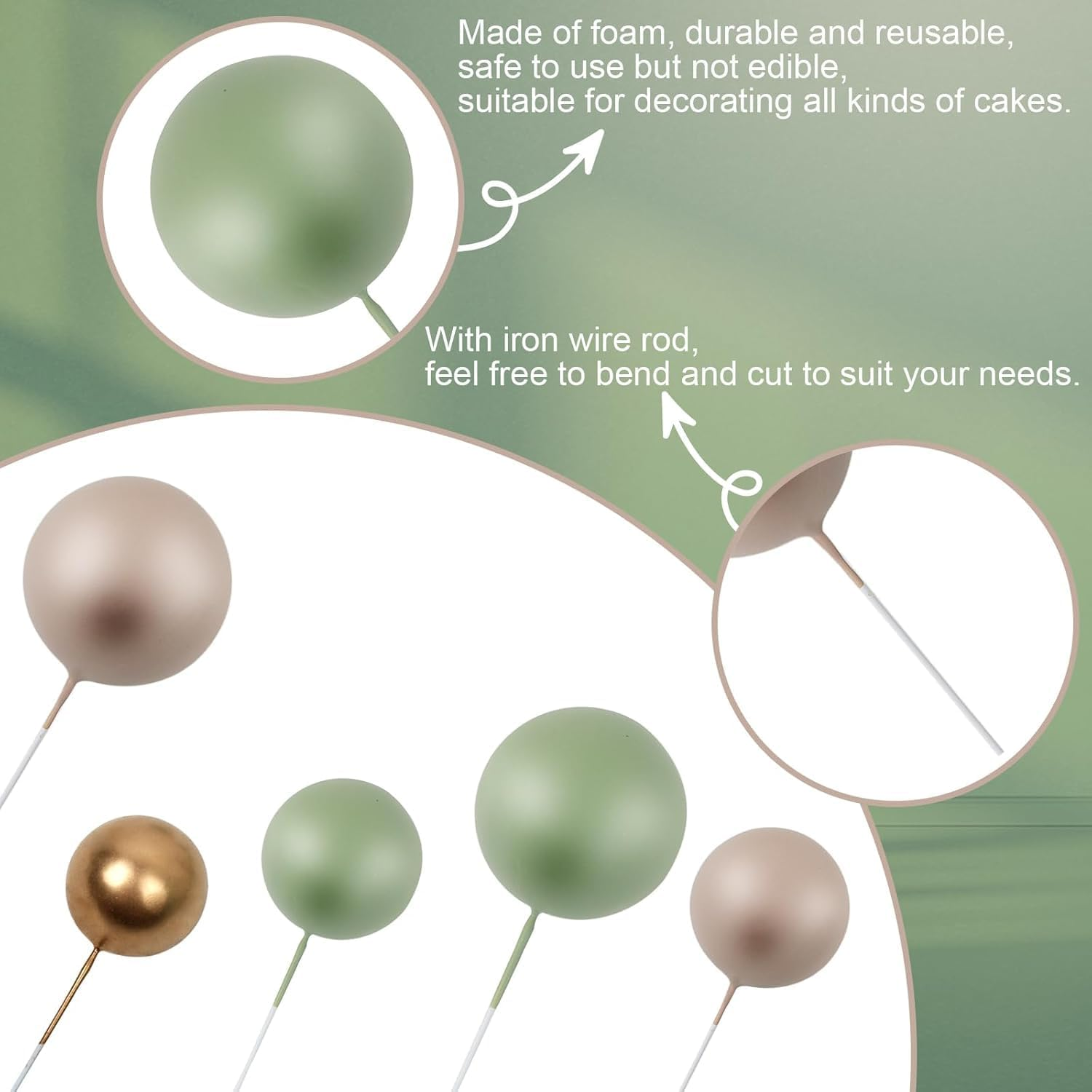Mini Ball Cake Toppers, Foam Ball Cupcake Insert Toppers, Matcha Green, Light Brown, Khaki, Gold, Ideal for Parties, Baby Shower, Weddings, Non-Edible Cake Decorations, 115 Pieces - Ermaoo image number 5