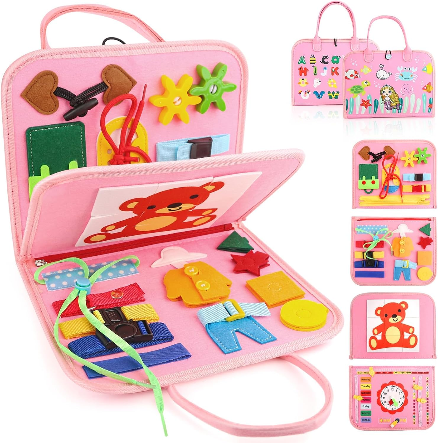 Montessori Busy Board Toys, Sensory Board for Toddlers 1-3, Travel Felt Busy Book for Airplane Car, Activity Busy Mat for Learning Fine Motor Skills Suits Boys Girls Birthday Gifts (Pink)