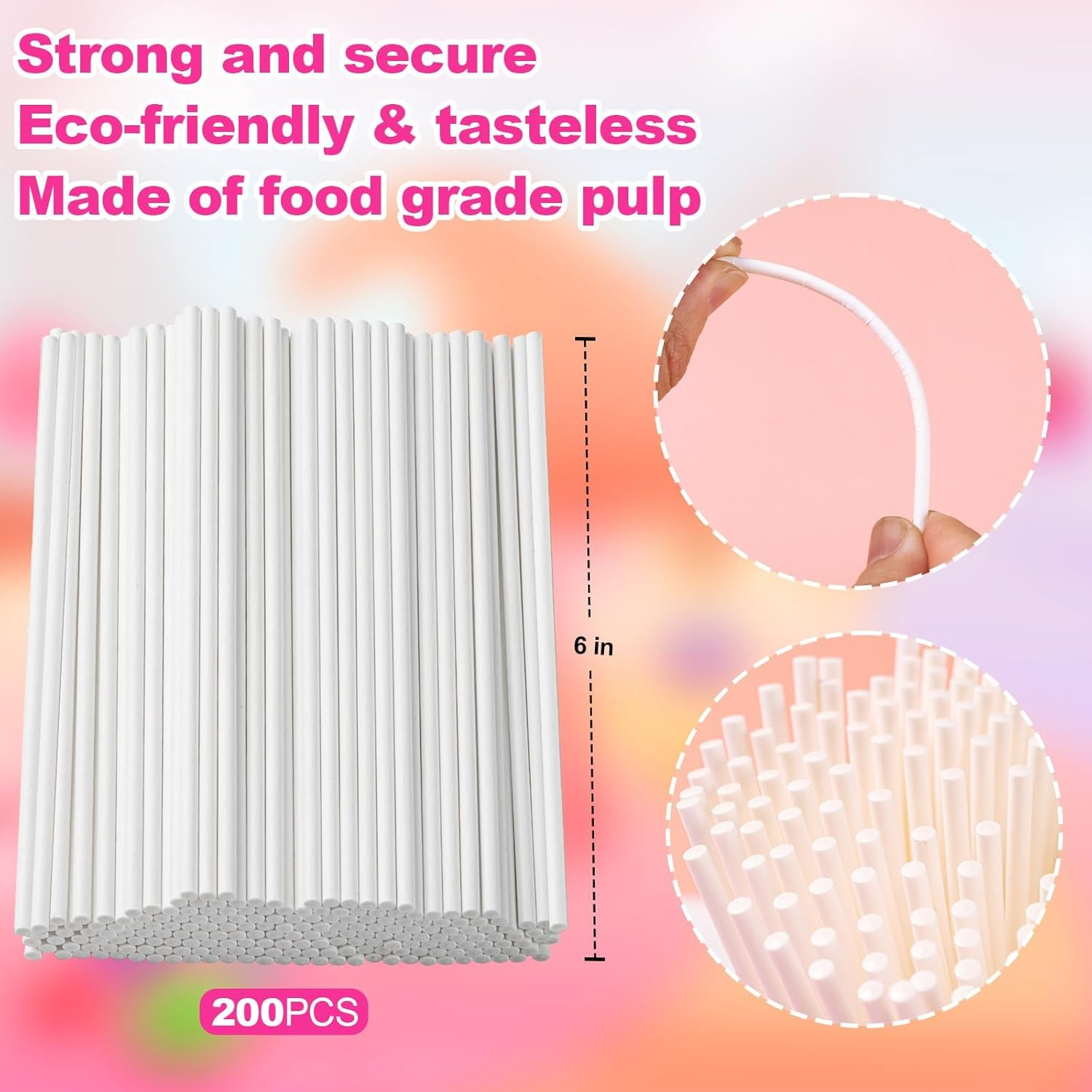 200 Count 6 Inch Lollipop Sticks, Reusable White Cake Pop Sticks, Plastic Cake Lollipop Stick for Candy Making Accessories image number 5