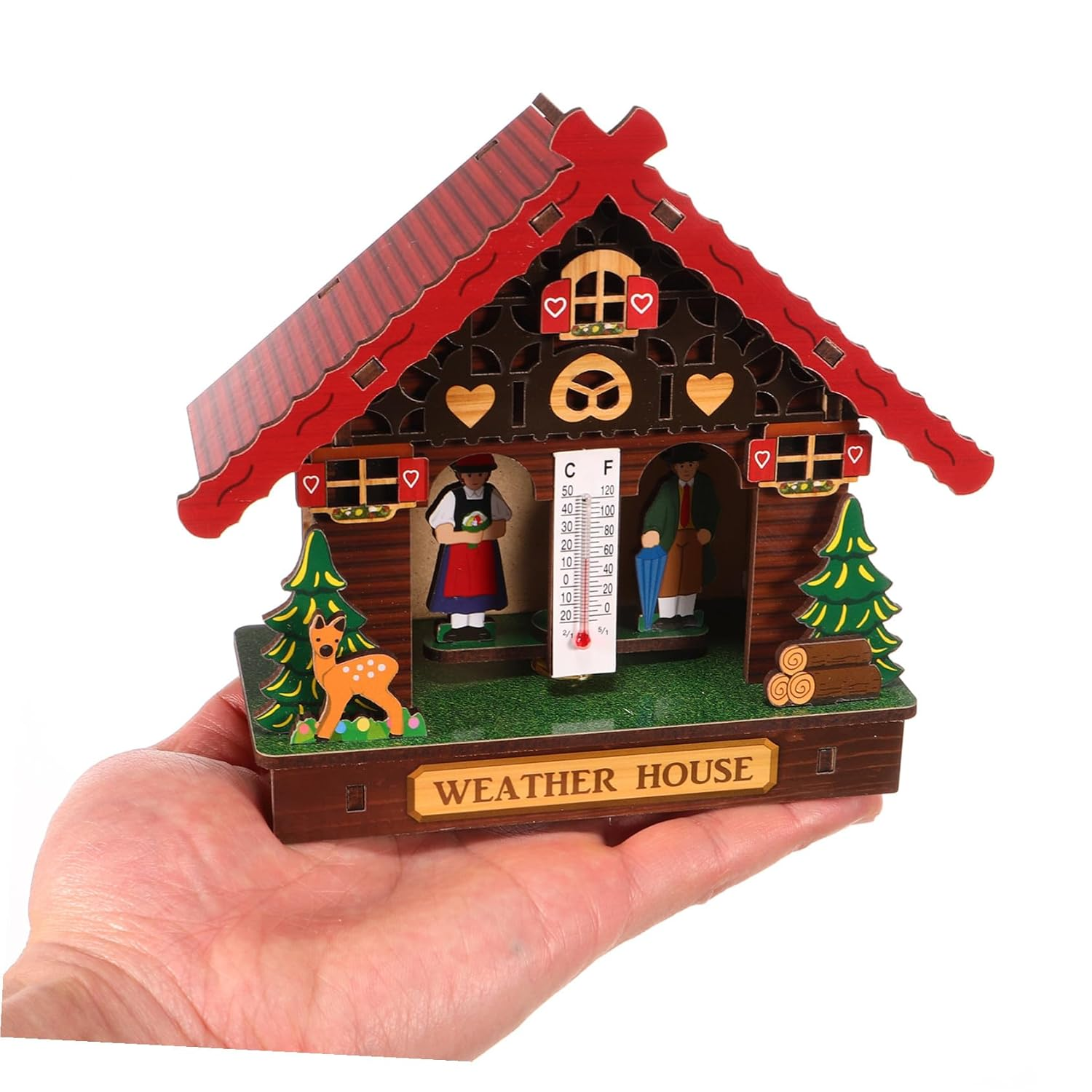 Garneck Analog Weather House Thermometer Hygrometer Barometer Combo for Indoor Outdoor Use Accurate Temperature Humidity Monitor Wooden Wall-Mounted Weather Station with Classic Man Woman image number 1