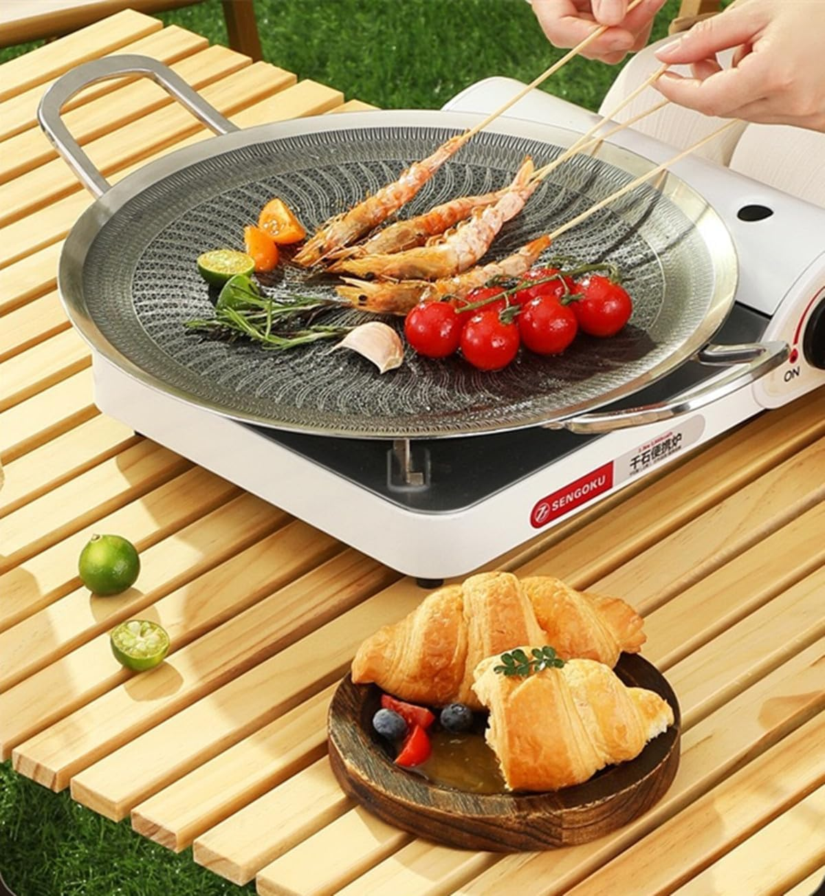 DDMMQS Stainless Steel Outdoor Baking Tray, Non Stick Coating, 13.38 Inch Circular Barbecue Pan, Suitable for Induction Cookers, Gas Stoves, Electric Stoves, Indoor or Outdoor Barbecue image number 5