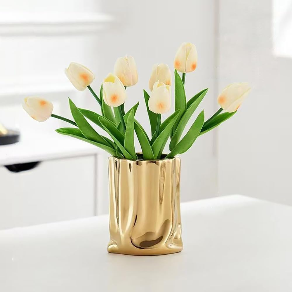 Hbluefat Fake Flowers with Vase, Silk Tulip Artificial Flowers in Flat Ceramics Vase, Small Faux Flower Arrangement for Home Office Decoration, Dining Table Centerpiece (Sunset Red,Silver)