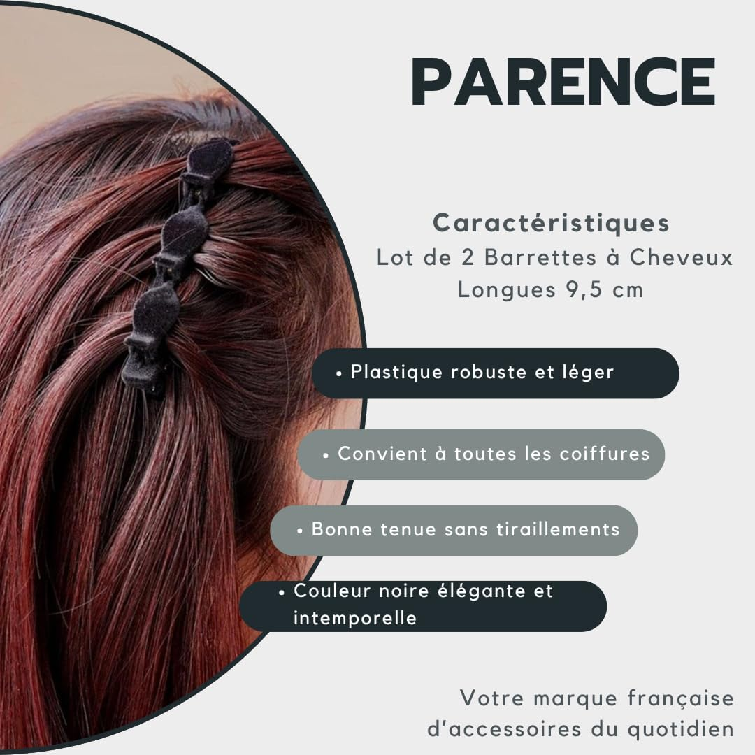PARENCE. - Set of 2 Long Hair Clips 9.5 Cm - Black - Durable Plastic Hair Clips - Hair Accessories for Women and Girls - Lightweight, Elegant and Practical image number 2