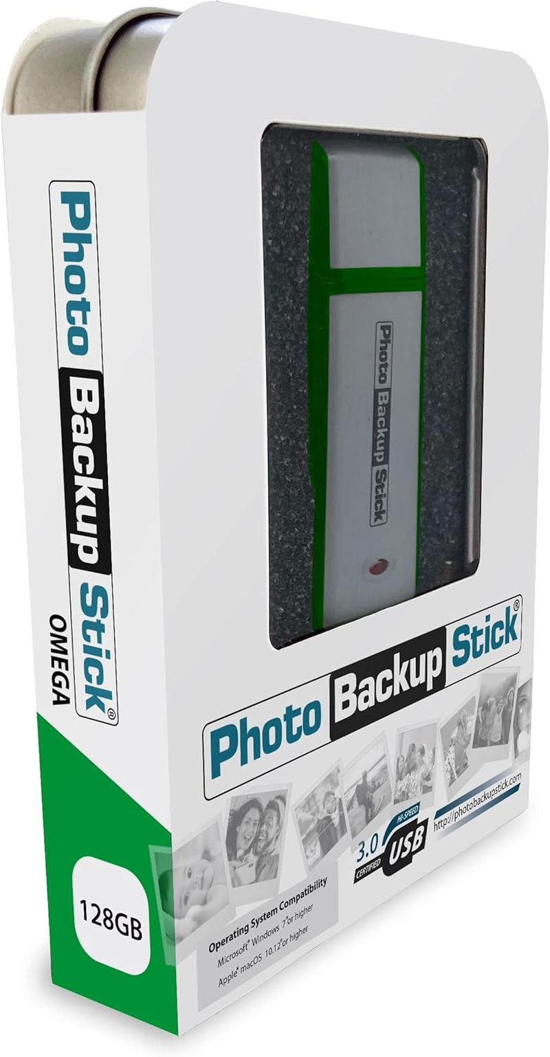 Photo Backup Stick Omega - Universal Picture & Video Back up for Phones, Tablets, Computers, and More (128GB) image number 1