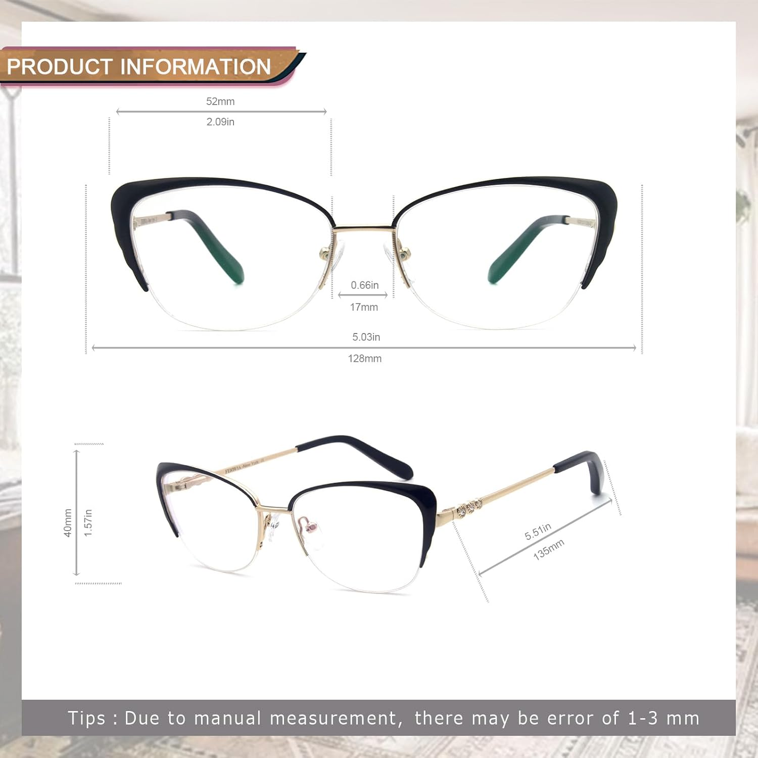 Women Glasses Stylish Half Frame with Rhinestone Cateye Eyeglasses