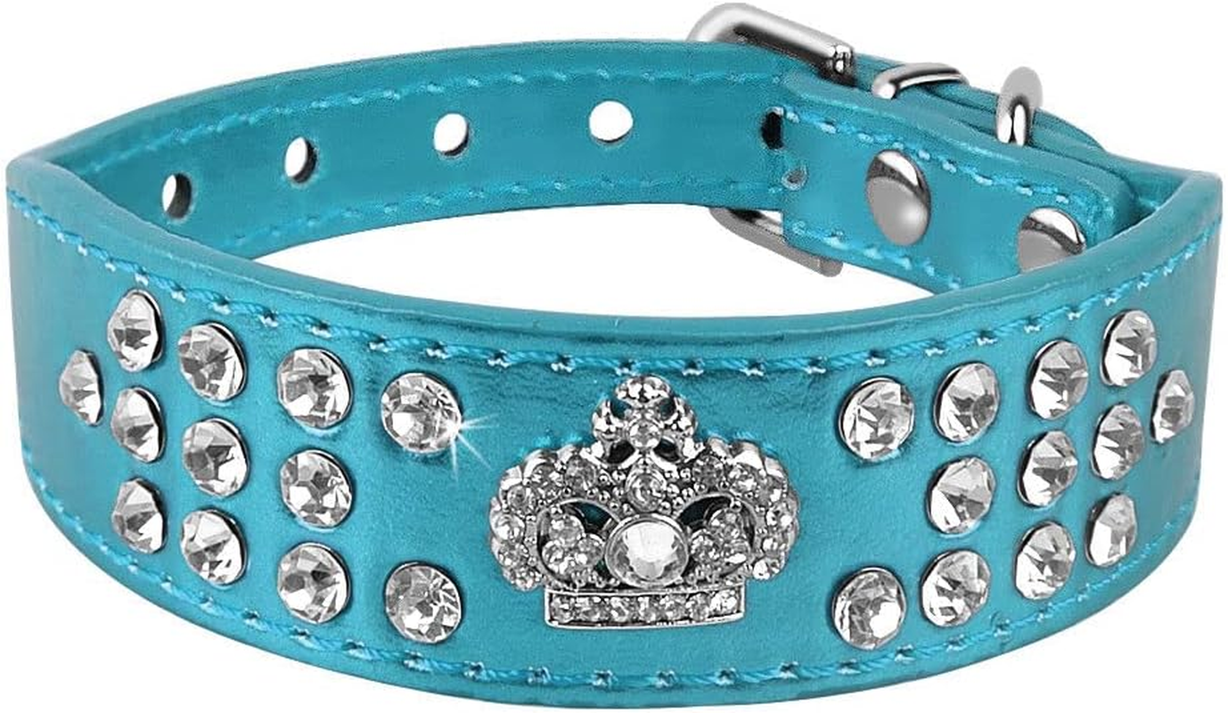 Rhinestone Dog Collar, Crown Rhinestone Diamante Jewelry Crystal Adjustable PU Leather Pet Dog Cat Puppy Collar (M:10-12.5", Blue)