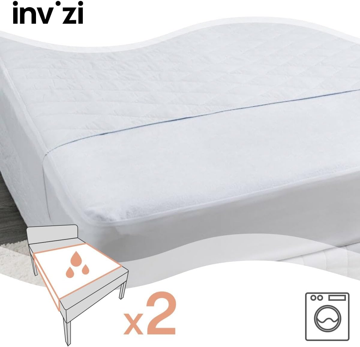Invizi Waterproof Absorbent Mattress Protector with Tucks &ndash; Twin Pack of Washable Mattress Pads with Side Flaps, Soft & Secure, Machine Washable - King Single image number 4