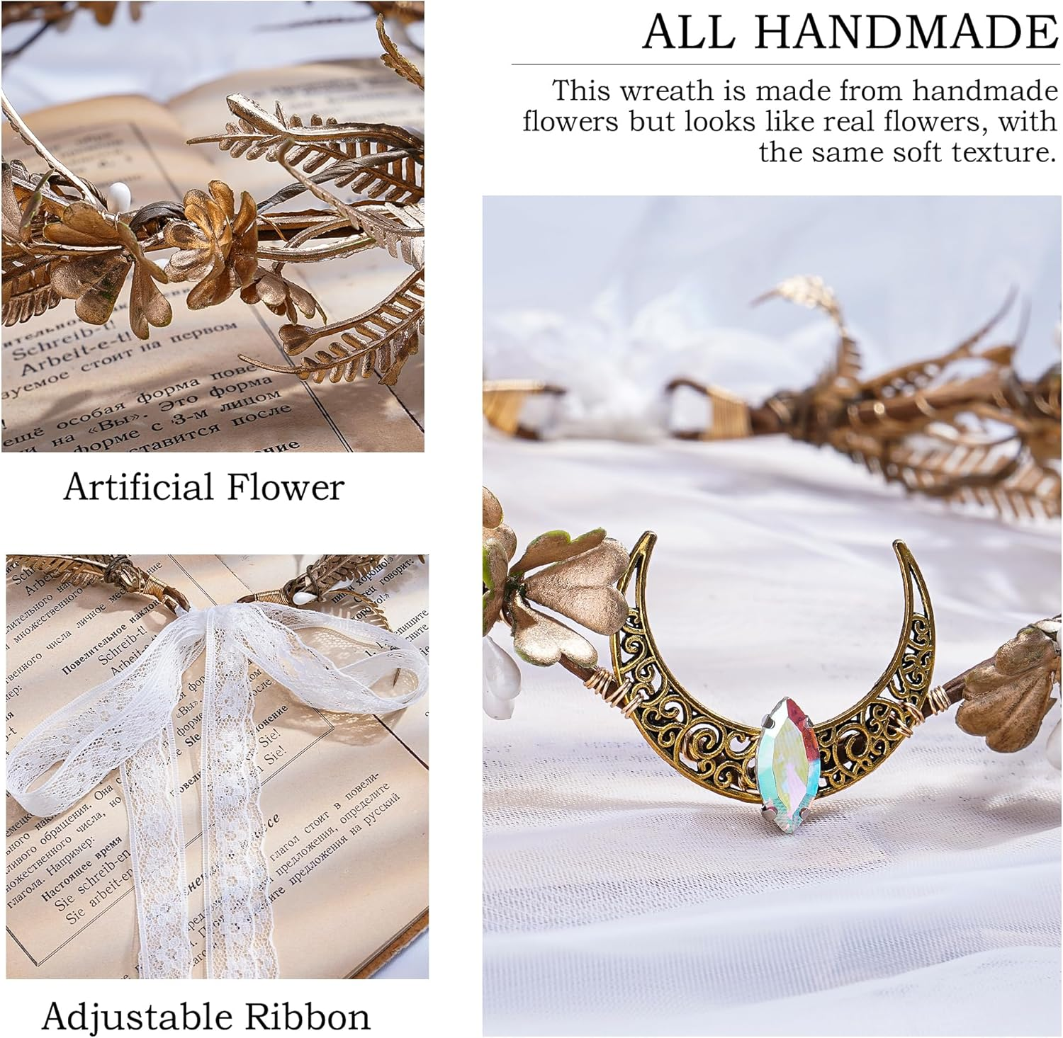 MOSTORY Golden Elf Crown for Women Forest Flower Headband for Renaissance Cosplay Moon Fairy Elf Headpiece for Party Photo Shoots