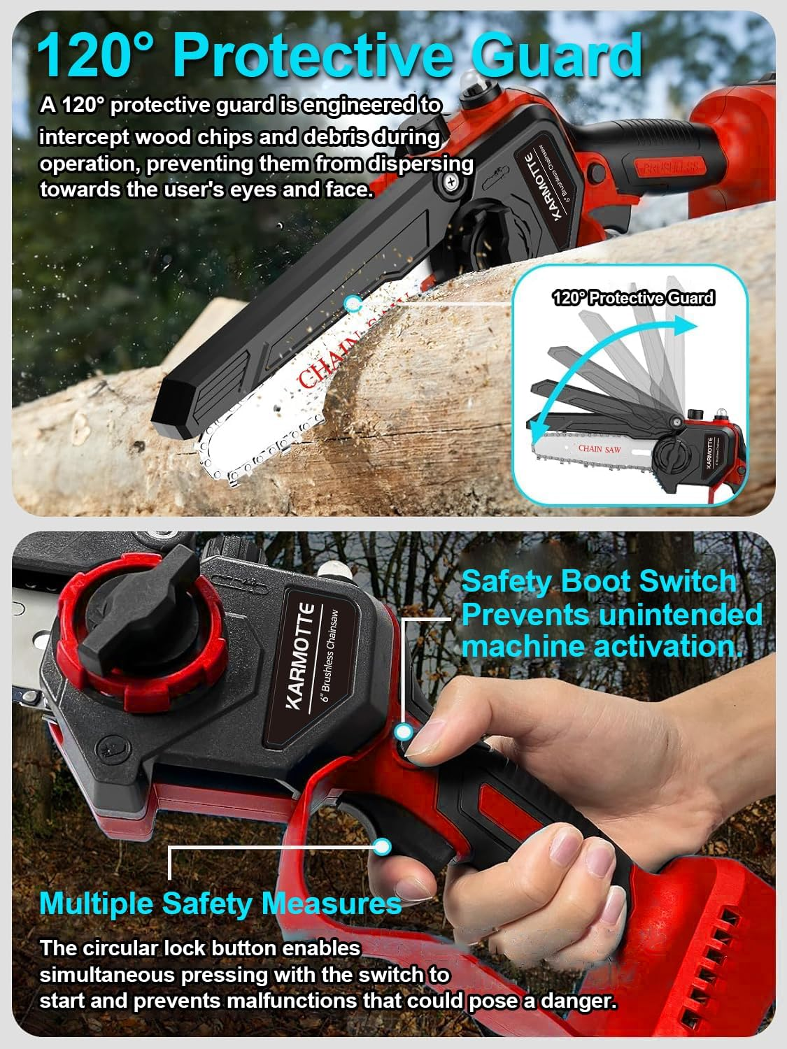 Mini Chainsaw 6-Inch Brushless with 2-Pack 2000Mah Batteries, Auto Oiler System, Toolless Adjustment Portable and Cordless for Wood Cutting Tree Trimming DIY Projects Gardening Camping (Crimson Red) image number 6