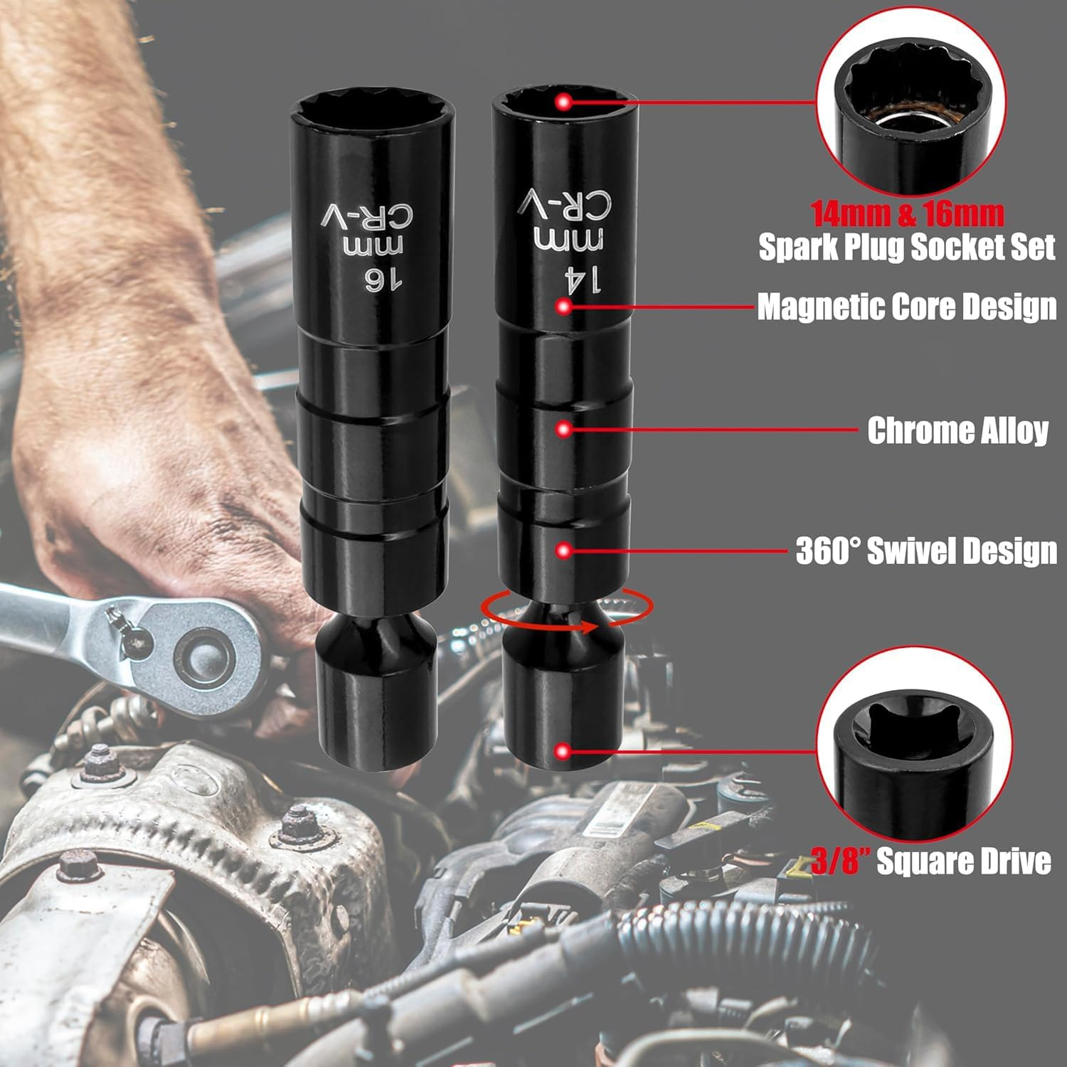 Yakamoz 2 Pieces Magnetic Spark Plug Socket Set, 14Mm & 16Mm Universal Thin Walled Joint Spark Plug Wrench 3/8 Inch Drive 12-Point Swivel Spark Plug Socket Removal Tool for Most Vehicles image number 6