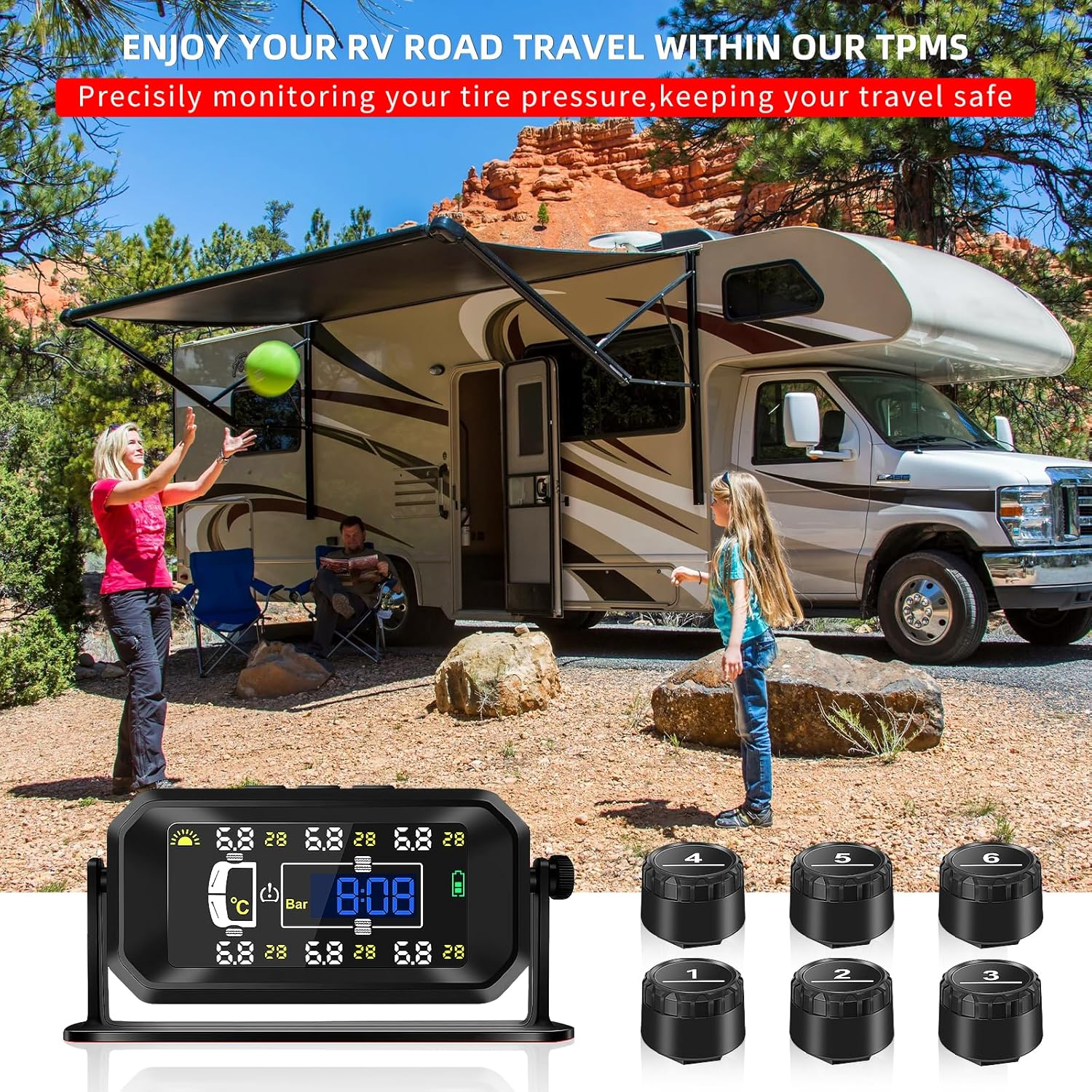 Tyre Pressure Monitoring System, Wireless Solar TPMS with 6 External Sensors, Real-Time Monitoring Pressure &Temperature, Auto Sleep Mode, Tire Pressure Sensors for RV Trailer Truck Pickup(0-144 PSI)