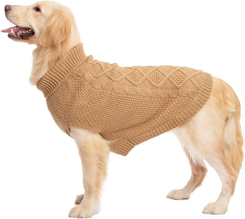 Mihachi Turtleneck Dog Sweater - Winter Coat Apparel Classic Cable Knit Clothes with Leash Hole for Cold Weather, Ideal Pet in New Year Khaki image number 6
