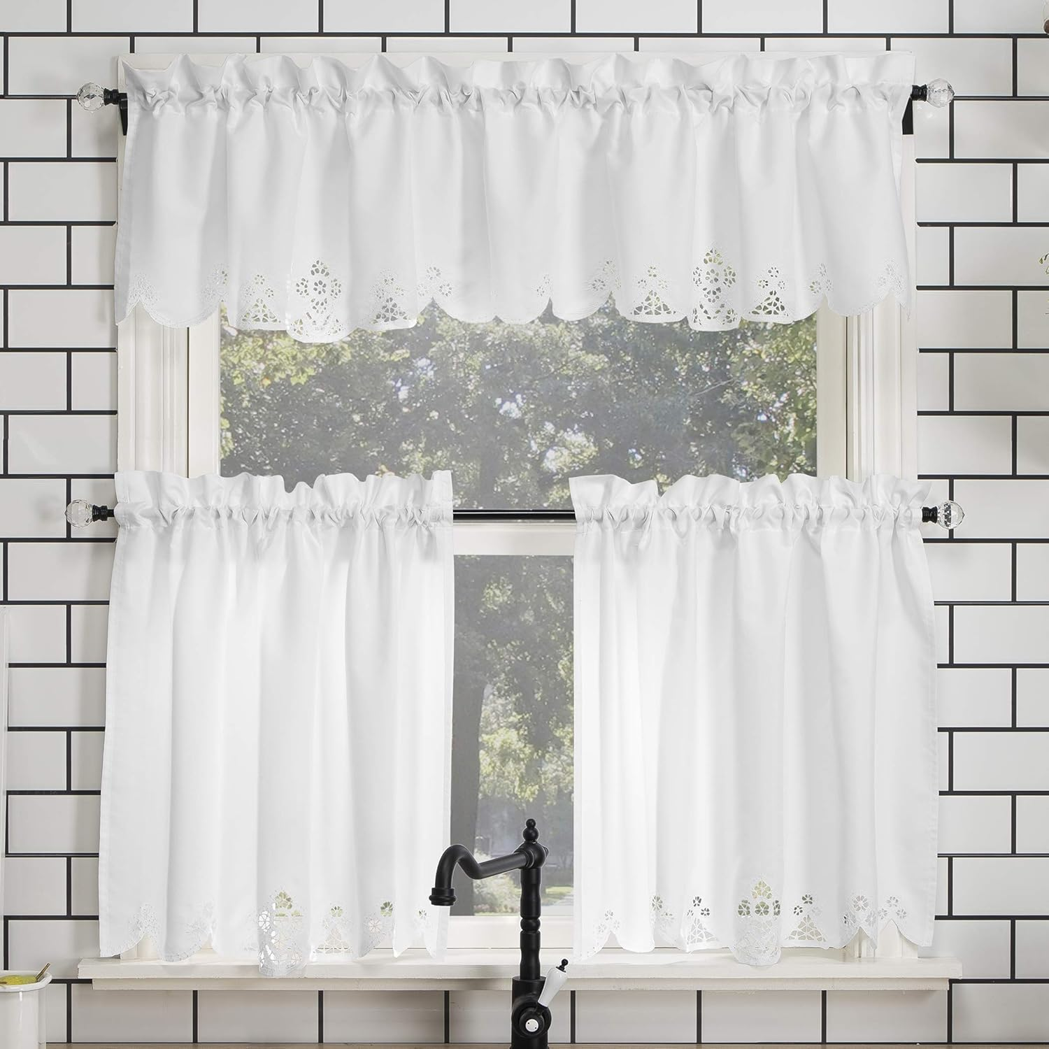 No. 918 Mariela Floral Trim Semi-Sheer Rod Pocket Kitchen Curtain Valance and Tiers Set, 58" X 24", White