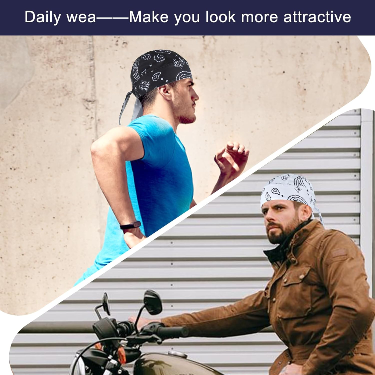 GERINLY 3 Pcs Do Rags for Men Skull Cap Breathable Bandana Hat Sweat Wicking Helmet Linner Beanie for Cycling Motorcycle - Black image number 6