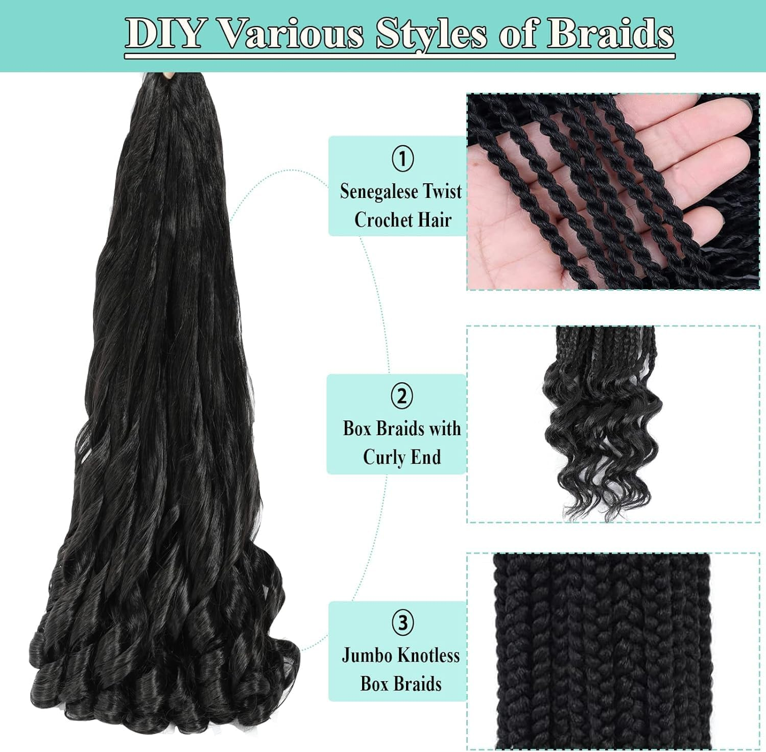 24 Inch French Curl Braiding Hair Pre Stretched 6 Packs Loose Wave Bouncy Braiding Hair Spiral Curly Braids Hair Extensions (1B) image number 6