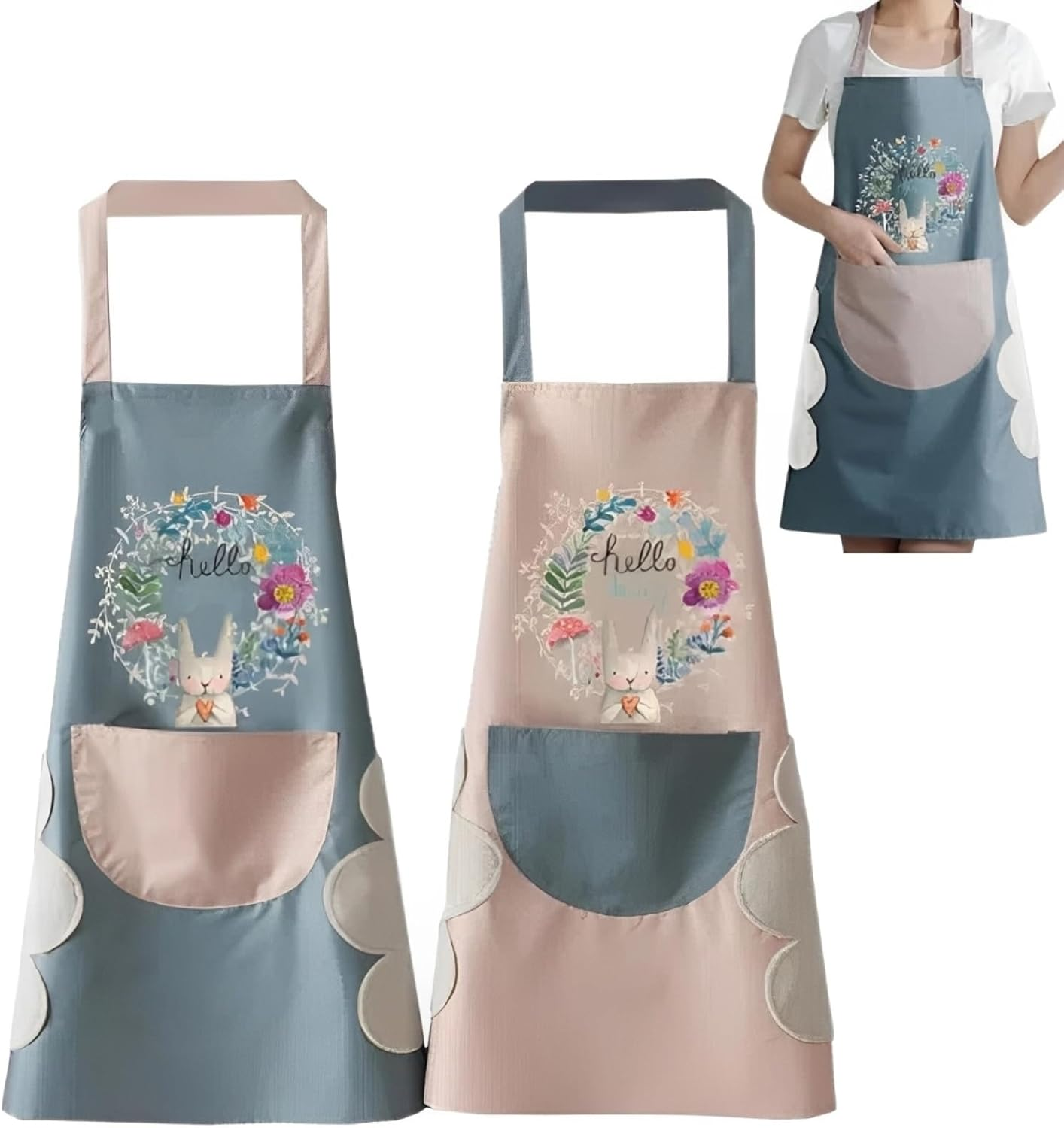 2Pcs Bib Aprons Waterproof and Oil-Proof with Pockets Can Wipe Hands Adjustable for Women Men Blue and Pink for Kitchen Cooking BBQ image number 3