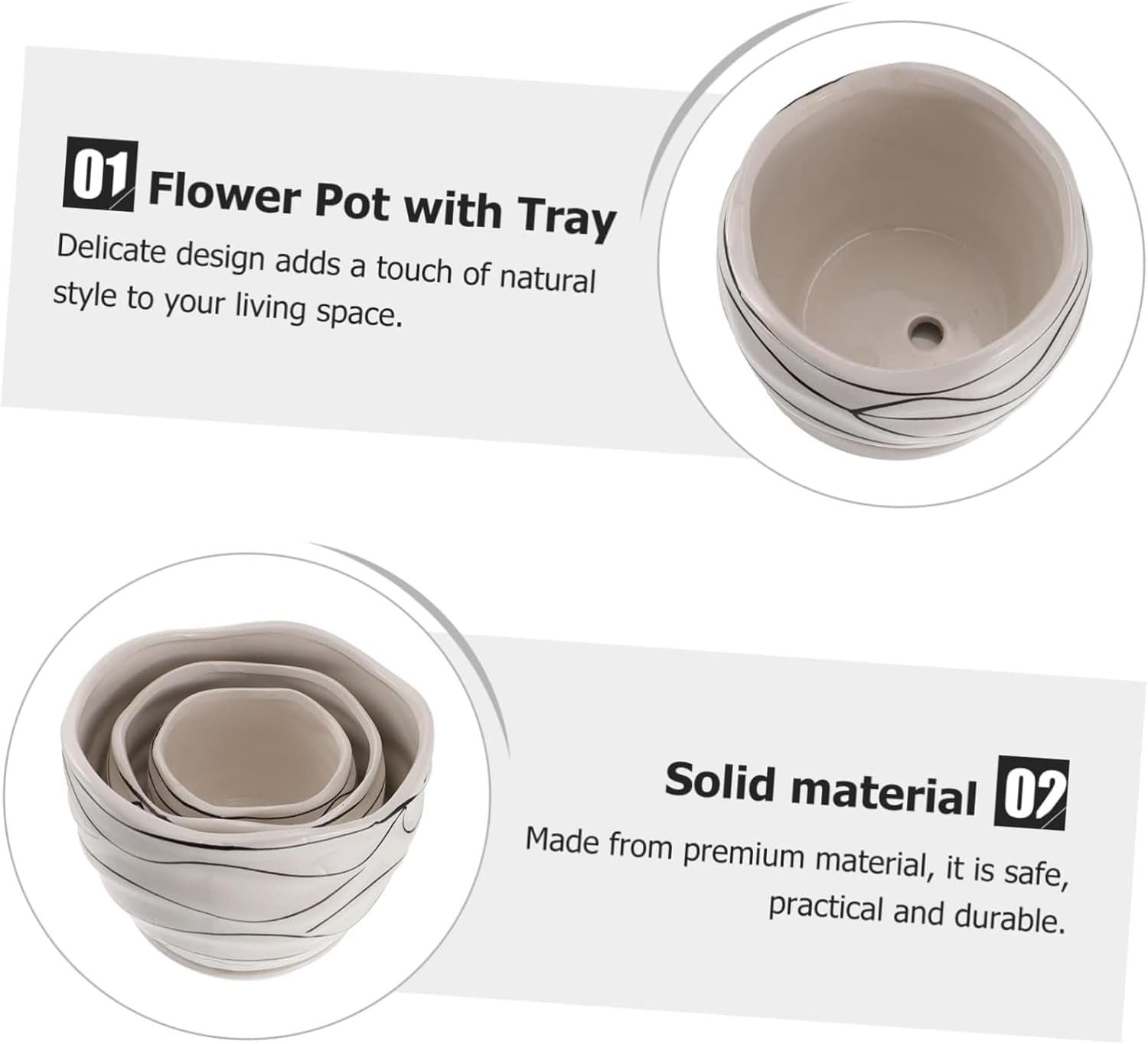 3-Piece Set. Large, Medium, and Small. Ceramic Striped Flower Pots. Home Plant Decoration. Elegant Ceramic Flower Pots. image number 5