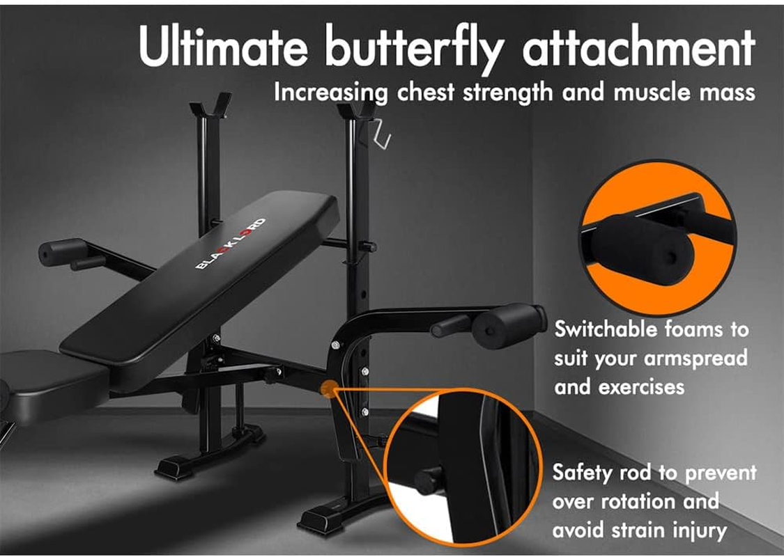 BLACK LORD Foldable Weight Bench Press with Butterfly Arm and Adjustable Barbell Rack, FID Bench with Biceps Bar, Multi-Station Home Gym Fitness Equipment for Strength Training, Max 250Kg, All Black image number 1