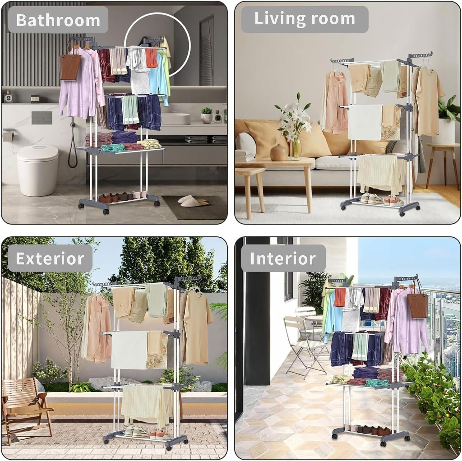 FIME. Clothes Drying Rack, 3 Layers Folding Clothes Rail of Clothes Hanger Sturdy Laundry Garment Dryer Stand with Two Side Wings (Grey) image number 4