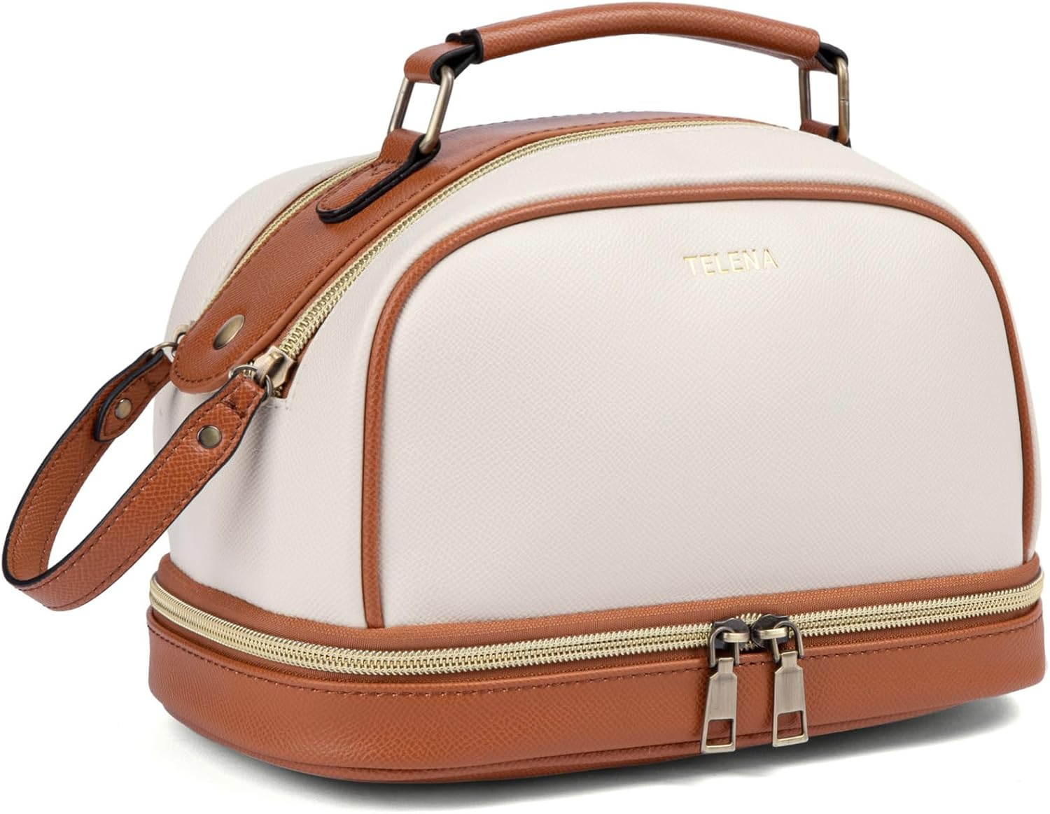 DDPOND Travel Toiletry Bag Makeup Cosmetic Bags for Women Waterproof PU Leather Toiletry Organizer Portable Large Capacity Beige with Brown - Clear With Brown image number 4