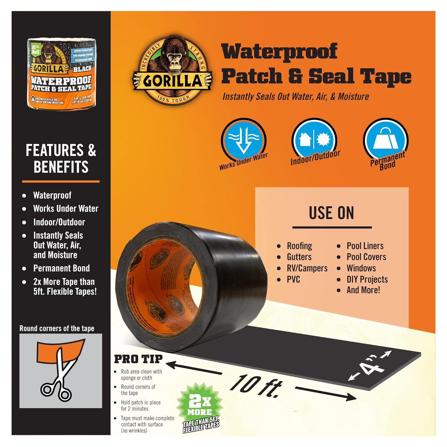 Gorilla Waterproof Patch and Seal Tape 4" X 10' Black, (Pack of 1) image number 1