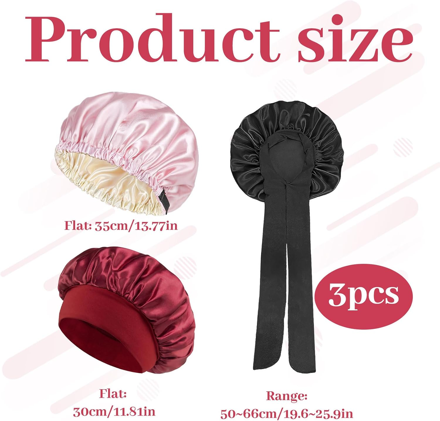 Silk Hair Bonnet, 3Pcs Bonnet, Satin Bonnet, Satin Hair Bonnet for Sleeping with Tie Band, Double Layer Satin Bonnets for Women Shower Cap, Suitable for Long, Straight, and Curly Hair image number 2