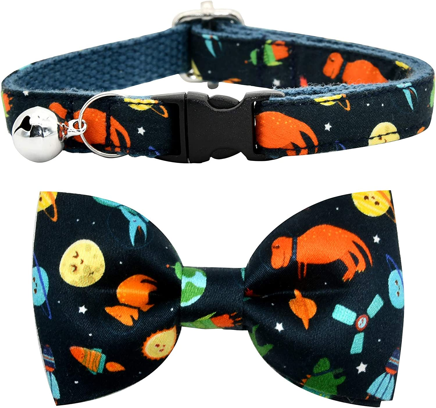 Space Dinosaur Cat Bow Tie Collar Breakaway with Bell, Safety Plastic Buckle Collar for Cats image number 6