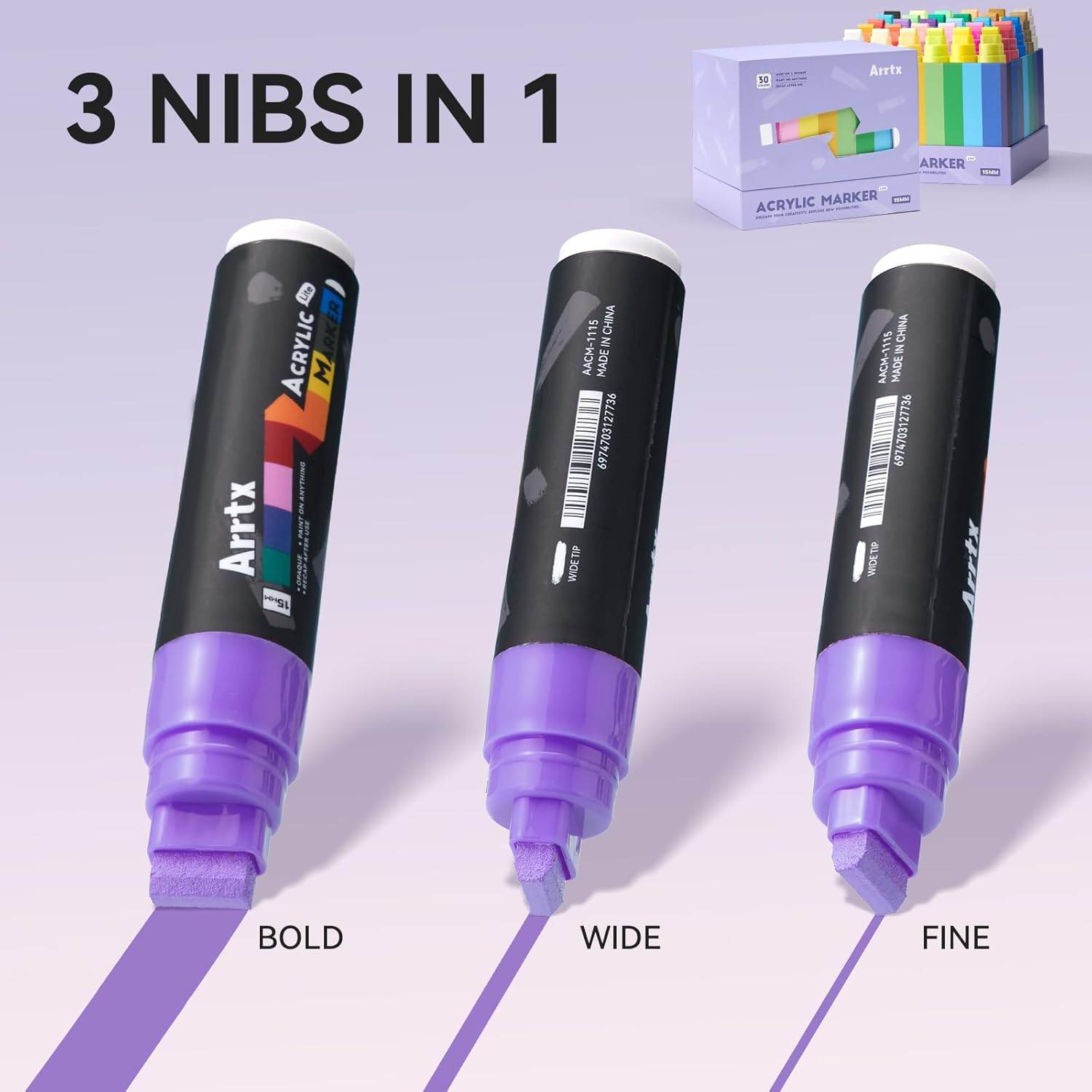 Arrtx 30 Color Acrylic Jumbo Markers 15Mm Jumbo Felt Tip, Acrylic Paint Pens for Rock Painting, Stone, Glass, Easter Egg, Wood and Fabric Painting-Acrylic Markers DIY Crafts Making Art Supplies image number 2