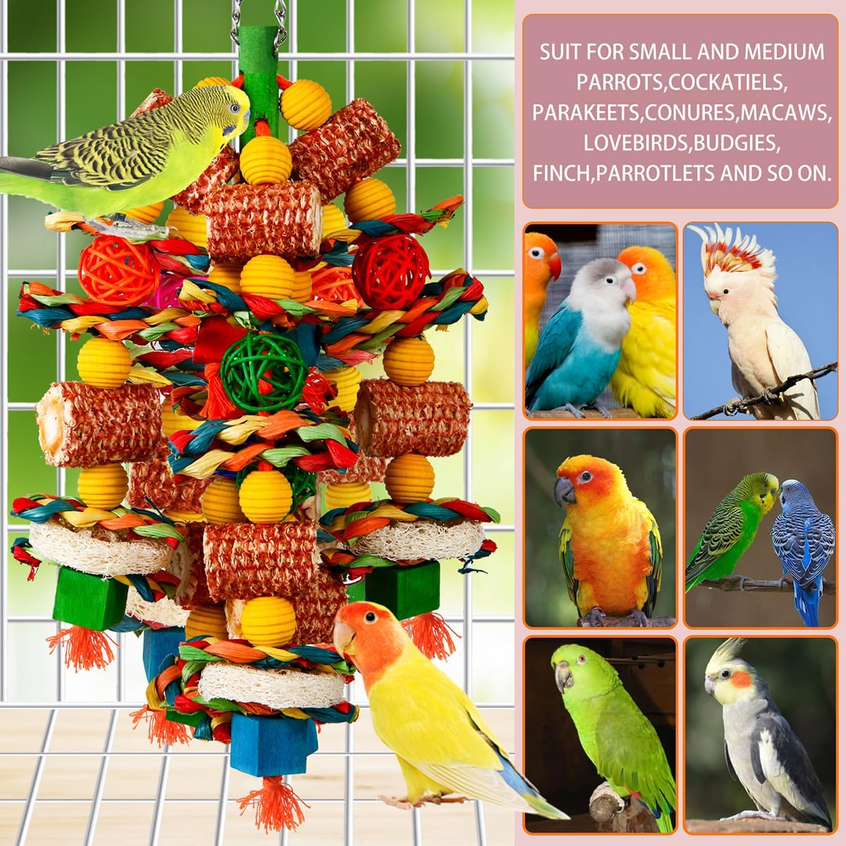 Bird Toys, Parrot Toys for Large Birds,Natural Corn Cob and Loofah Slices Bird Chew Toys for African Grey Parrots, Macaws, Cockatoos, Amazon Parrot and Other Small and Medium-Sized Parrot (Colorful) - Colorful image number 1