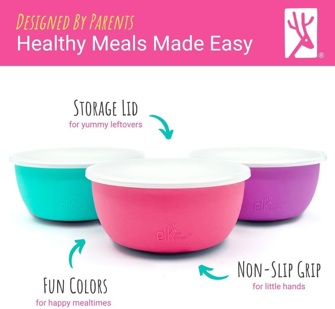 Elk and Friends Kids Stainless Steel Bowls with Silicone Sleeves + Lids | Suitable for Babies/Toddlers | Dishwasher Safe | Non Slip Dinnerware | Snack Dishes | 4 Pack image number 5