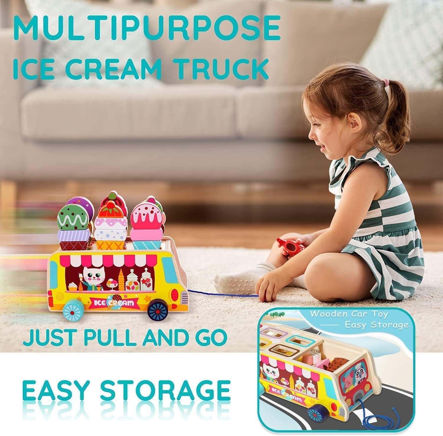 Wooden Toys Montessori Sorting & Stacking Toys for Toddler, Wooden Ice Cream Truck Magnetic Ice Cream Sweet Treats Pretend Play Food & Accessories for Baby Girls Boys Age 3+ Gift image number 1
