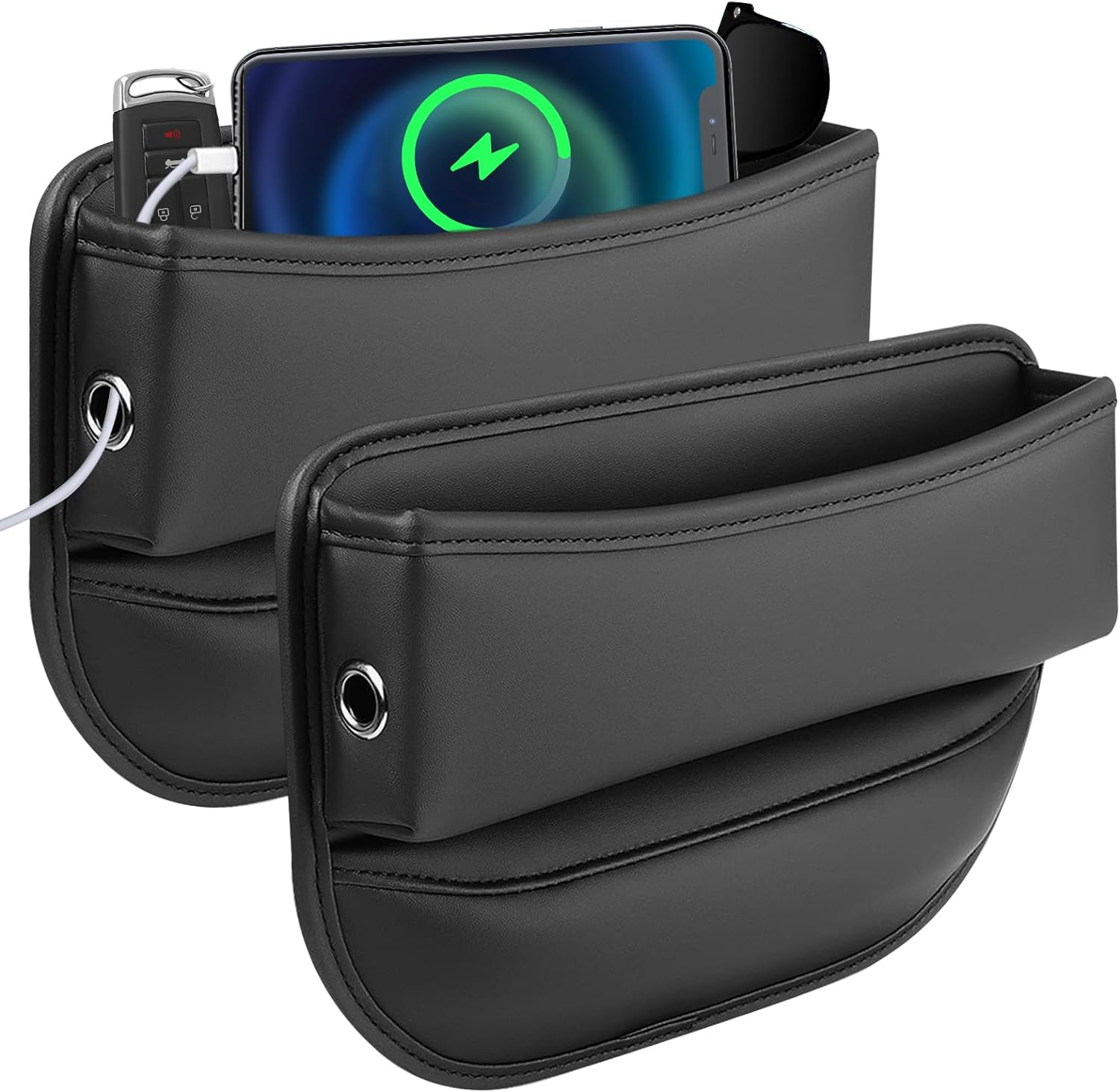 Car Seat Gap Filler, 2 Pack Multifunctional Car Seat Organizer, Leather Console Side Storage Box with Cup Holders, Universal Car Front Seats Crevice Holder for Phone, Wallet, Cards, Keys (Style 1) image number 5