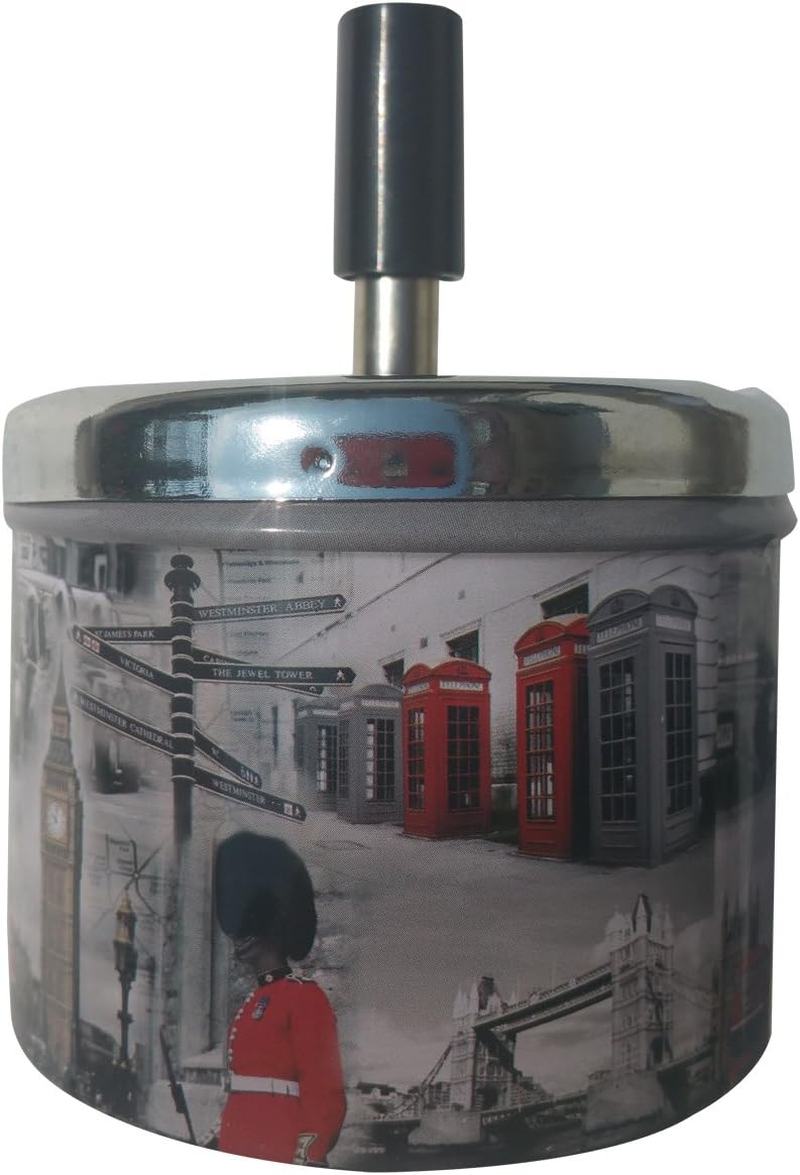 Coralpearl Smokeless Metal Tin Push down Ashtray for Cigarettes Cigars with Spinning Tray Lid Covered Portable Ash Tray Bucket for Home Tabletop,Patio,Sand,Car,Auto,Outdoors,Indoors (British 1)