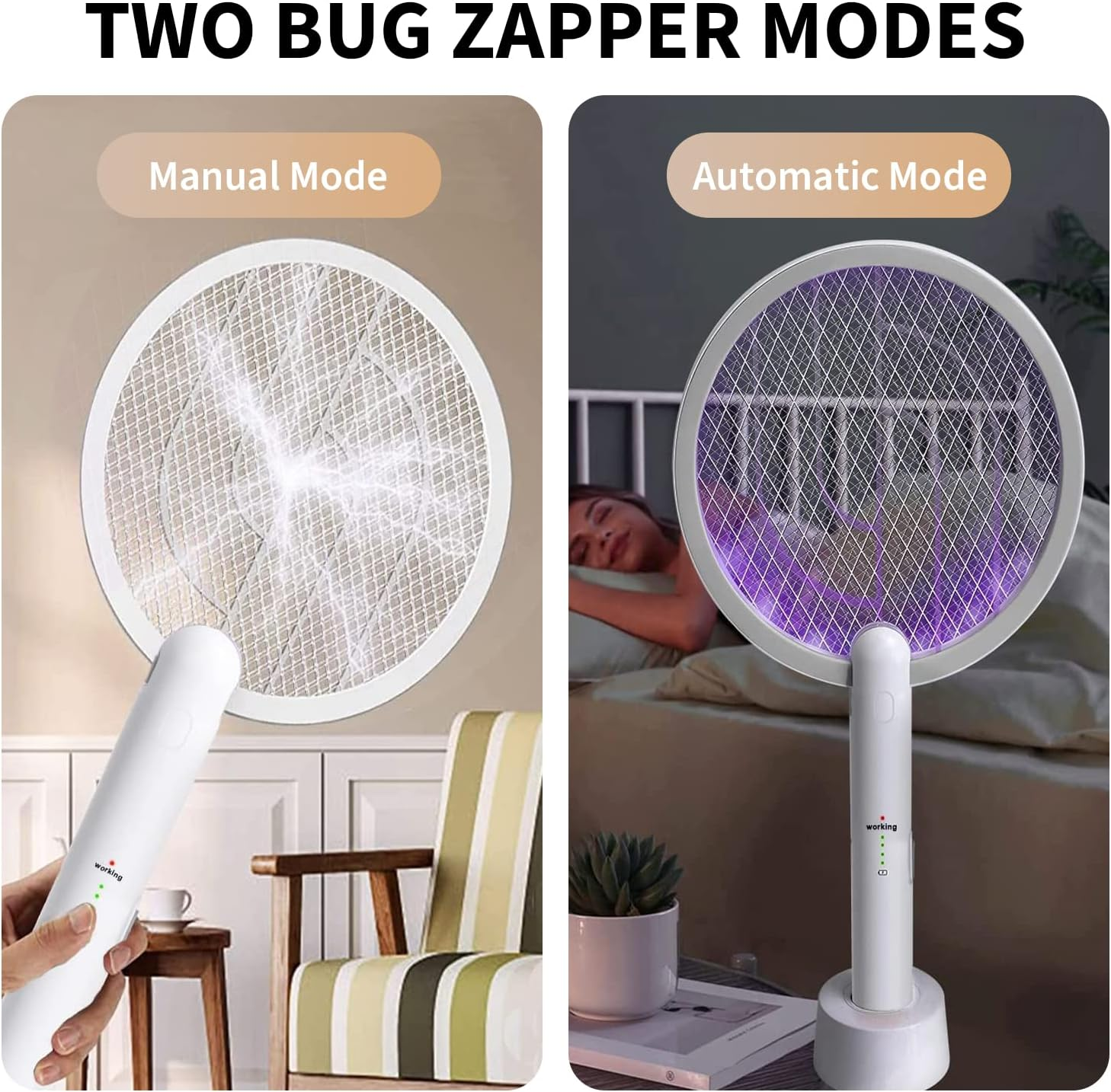 STORMHERO Electric Fly Swatter Zapper, Mosquito Swatter Racket Bug Zapper, USB Rechargeable Mosquito Killer, 3-Mode Wireless Fly Zapper with Trapping Light and Base for Indoor, Outdoor, Camping