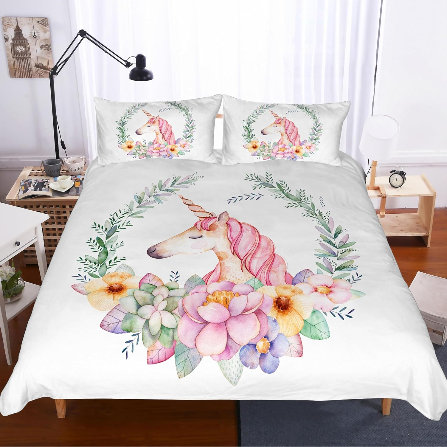 3D Cartoon Watercolor Unicorn Quilt Cover Set Bedding Set with Pillowcases, Single/Double/Queen/King Size (Double) image number 2