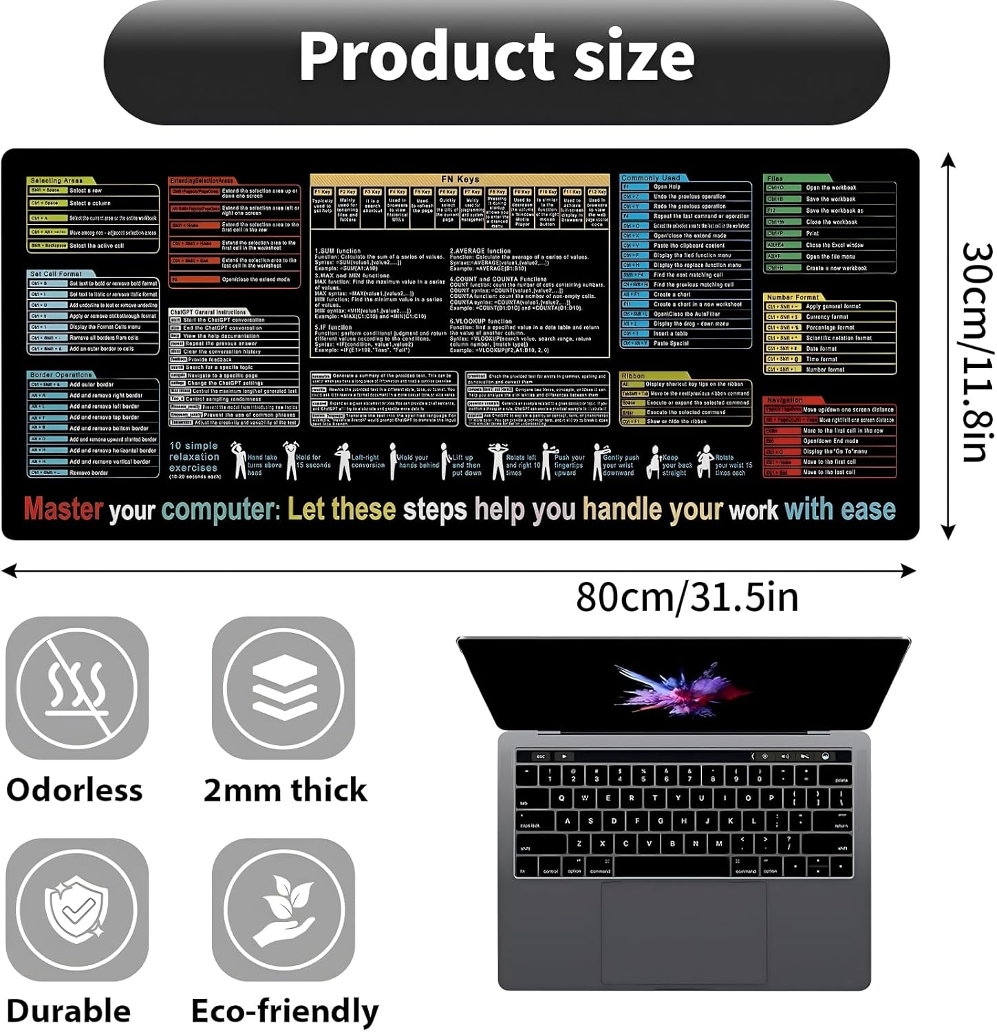 Waterproof Mouse Pad, 80 X 30 CM Excel Shortcut Keys Mouse Pads, Contains 9 Major Excel Function Modules and Common Functions, Large XL Mouse Pad Gaming, PC Office Spreadsheet Keyboard Mat image number 1