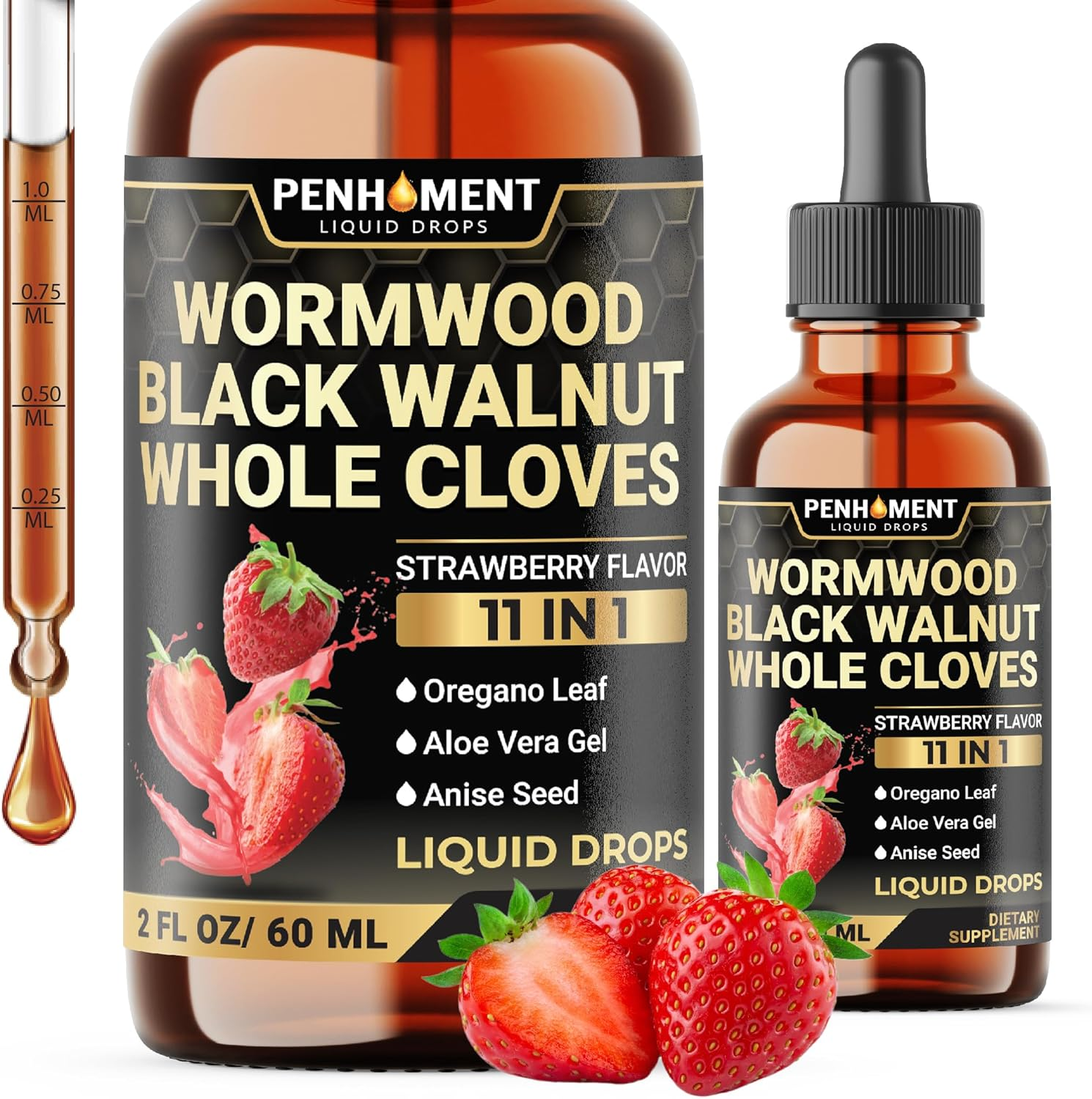 Penhoment 11In1 Wormwood Liquid Drops - Black Walnut Wormwood Liquid Extract with Whole Cloves, Reishi, Peppermint, Oregano, Aloe Vera, Anise Seed - 2 FL OZ - 60 Days Supply - Strawberry Flavor image number 2