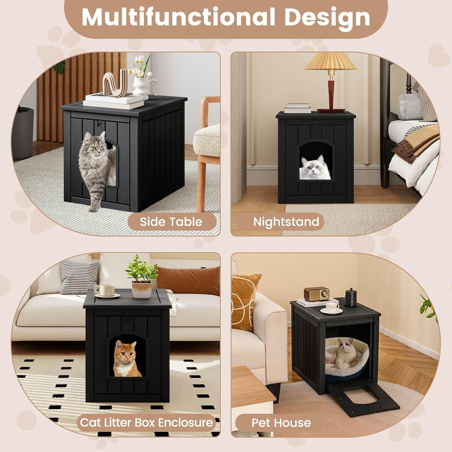 Costway Indoor Outdoor Cat House, Hidden Cat Litter Box Enclosure W/Flip Front Door & Raised Floor, Waterproof Puppy Shelter, Decorative Pet Cabinet Side Table for Poolside, Garden (Black) image number 6