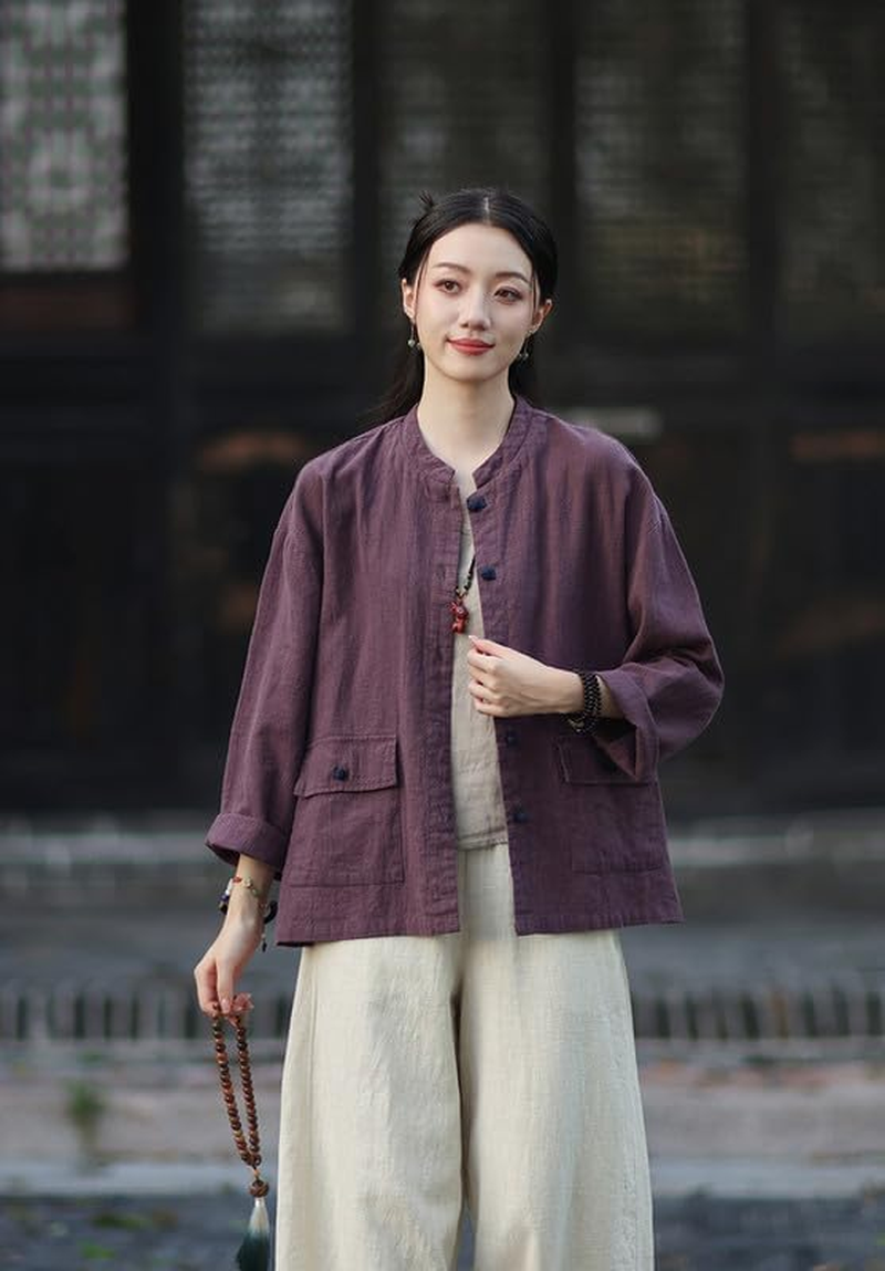 Women'S Vintage Linen Cotton Jacket Chinese Style Button-Down Cardigan Blouse Autumn - Yellow image number 2